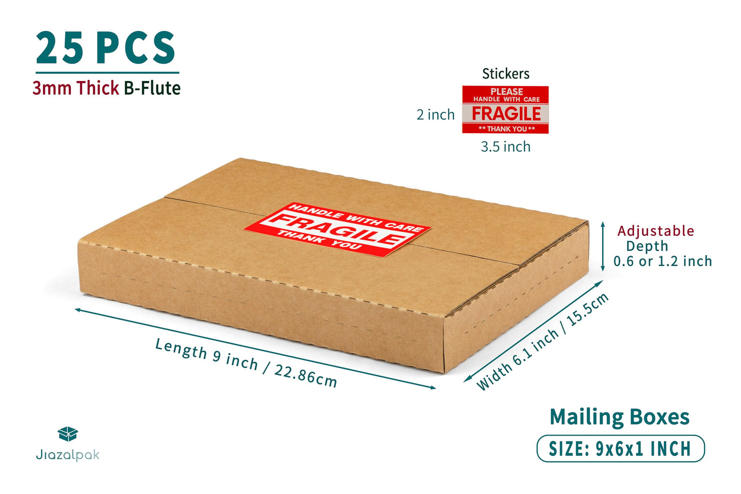Jiazalpak 9x6x1 Inch Shipping Boxes, Brown Corrugated Cardboard, Multi-Depth DVD Mailer Boxes with Fragile Stickers, 25 Pack
