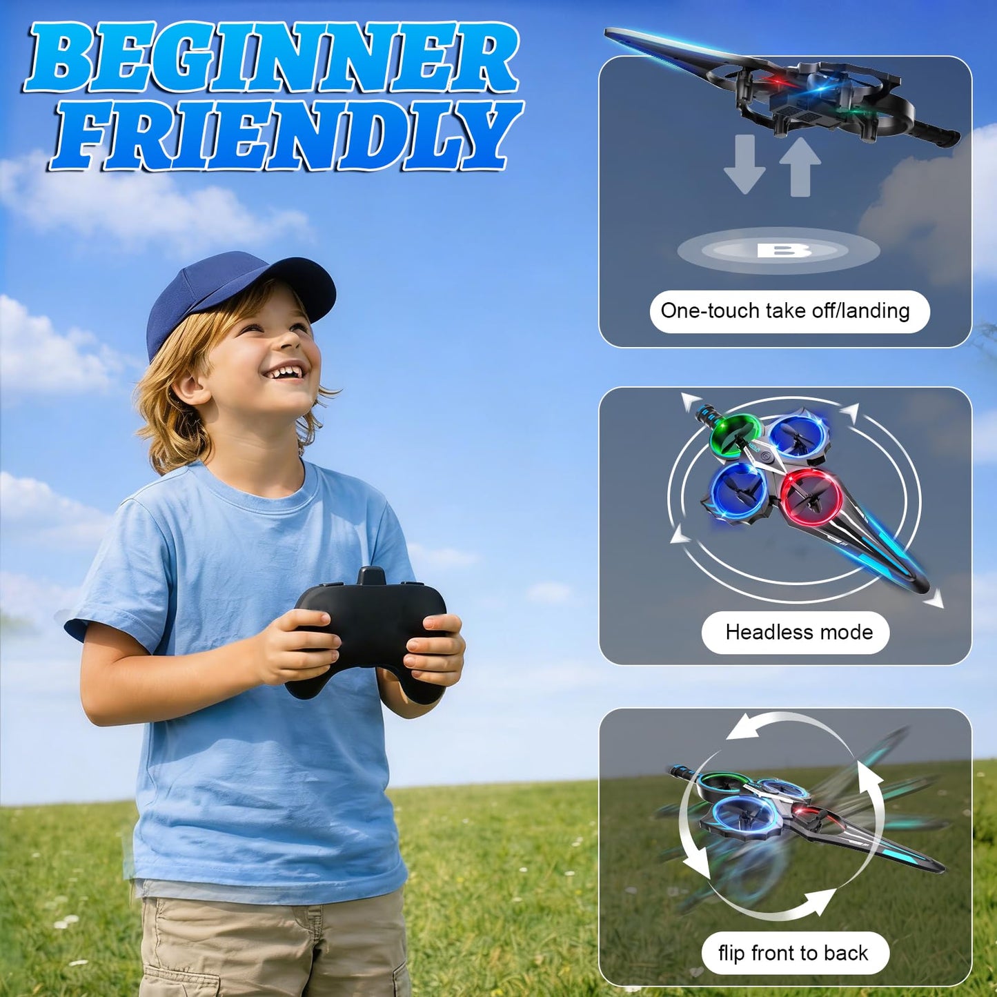 ENJOYFLY Gesture Control Flying Sword RC Plane Toy for Kids 8-12, Hand Controlled and Remote Control Airplane with LED Lights, 360 Flips, 3 Speeds, Easy Takeoff and Landing, 2 Batteries, Blue