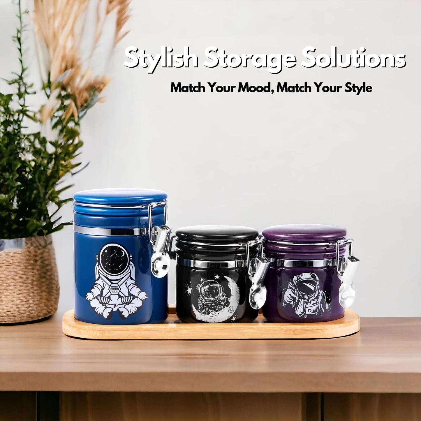 Astronaut Smell Proof Jar Bundle - 3 Pack (1L+2S), Pottery Smell Proof Container with Bamboo Holder Kit, Versatile Airtight Storage Set Cute Spaceman Gifts for Connoisseur - Blue Black Purple