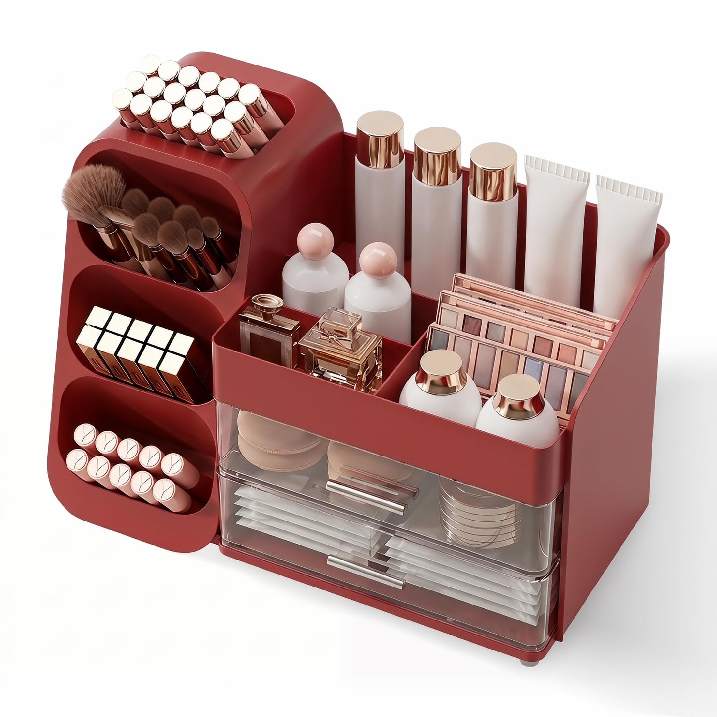 Booklov Makeup Organizer for Vanity, Large Capacity Cosmetic Display Case with Clear Acrylic Drawers, Countertop Beauty Storage Holder for Skincare, Brush Eyeshadow Lipstick, Counter Desk, Crystal Red