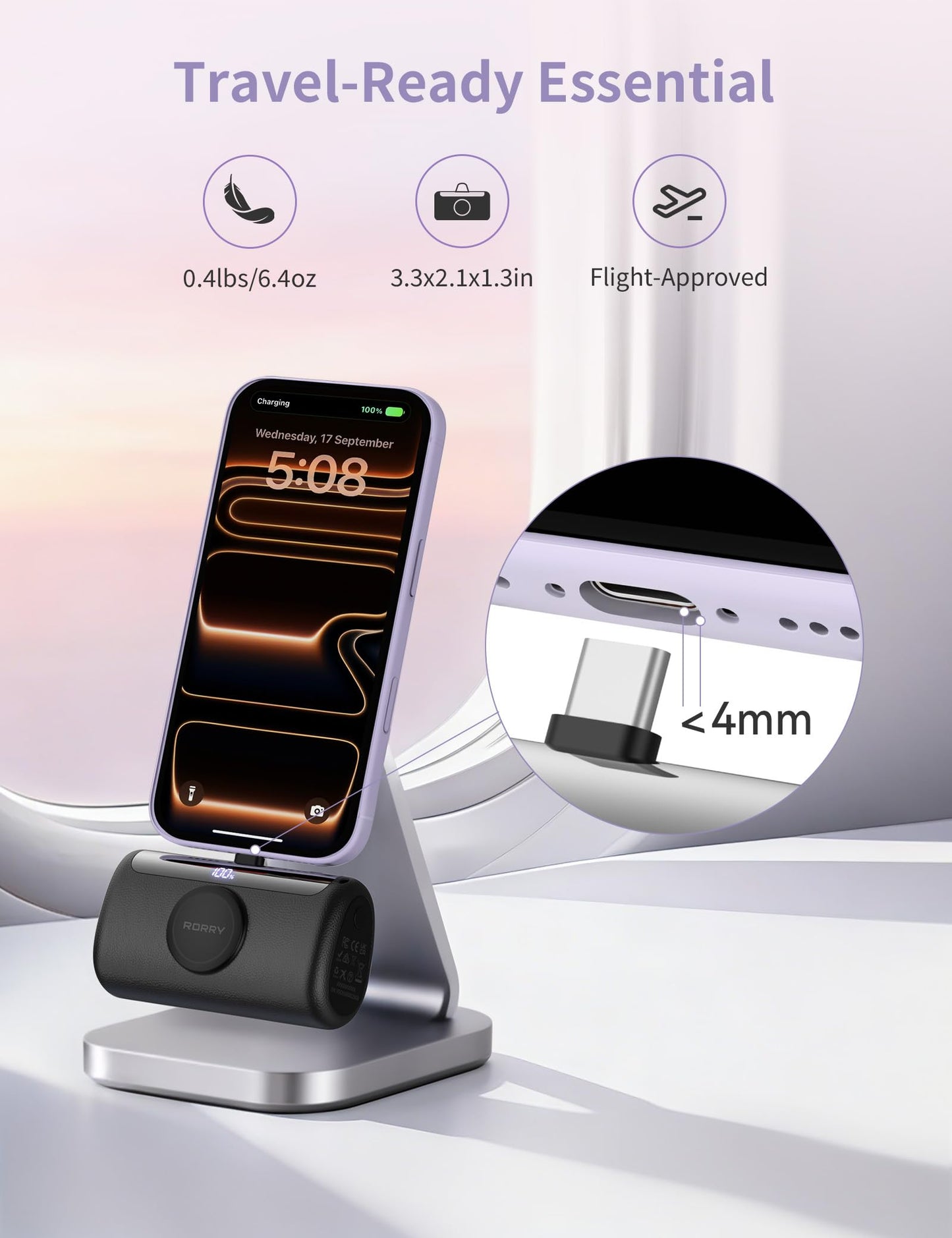 RORRY PalmGo Portable Charger, 10000mAh PD 22.5W Fast Charging Mini Power Bank with Built-in USB C Connector, 3-in-1 Battery Pack for iPhone 17/16/15 Pro/Max, Apple Watch Ultra/11/10/SE, iPad, White