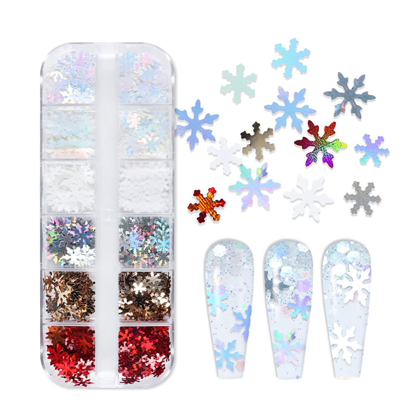 Snowflake Nail Glitter Flakes, Christmas Snowflake Glitter Nail Sequins Gold Silver Red Snowflake Design Nail Supplies for Women Manicure Charms Decorations, DIY Sparkly False Nails Crafts