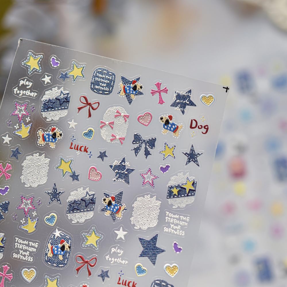 SOFTSOUL 5D Embossed Nail Stickers – Premium Salon-Grade Nail Art Stickers, Self-Adhesive Nail Decals, Long-Lasting, Detailed Textured Designs, Easy DIY Manicure, Home or Salon Use (Y2K Denim Stars)