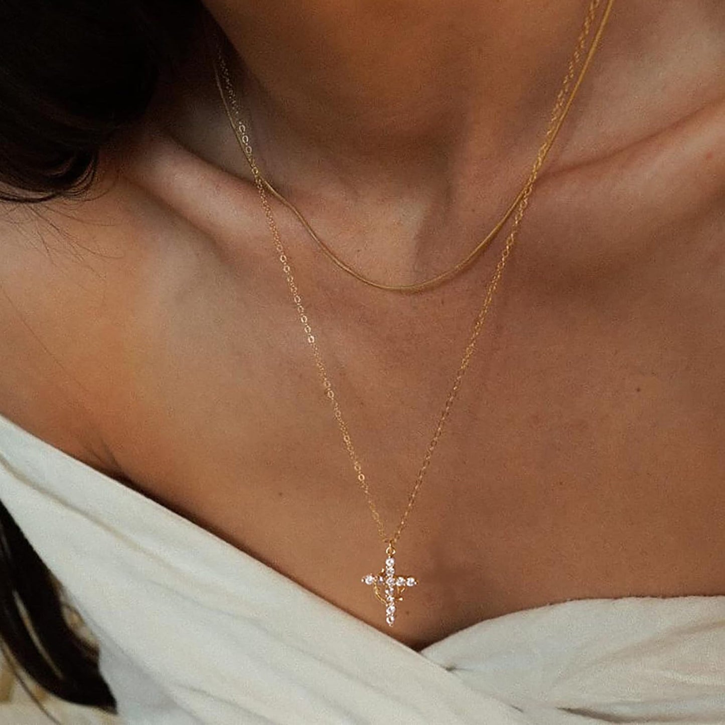 ZJCPJF Upgraded Crown Cross Necklace for Women, 14K Gold & Silver Plated with 12 Birthstone Colors, Faith Cross Pendant Jewelry for Baptism, First Communion, Birthday Gift