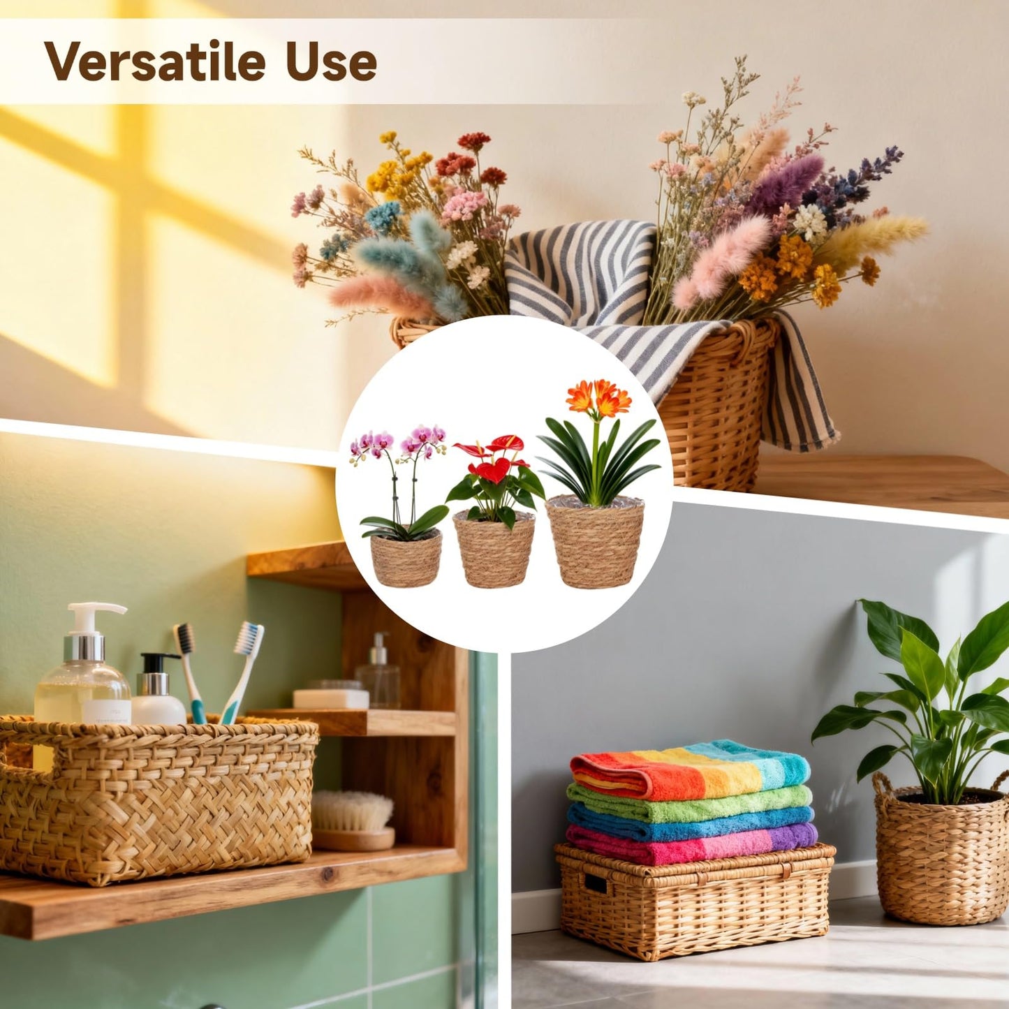 6 Pcs Plant Baskets Indoor with Plastic Liners, Wicker Hand Woven Plant Baskets, Flower Pots Storage Containers in 3 Sizes, Decorative Planters for Home, Balcony, Office
