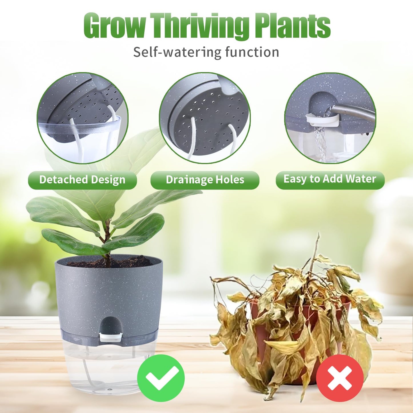 Oliz 6 Inch Self Watering Pots for Indoor Plants, 6 Pack Grey Plastic Flower Pots with Drainage Holes for African Voilet Herbs All House Plants (Include 1 Spray Bottle)