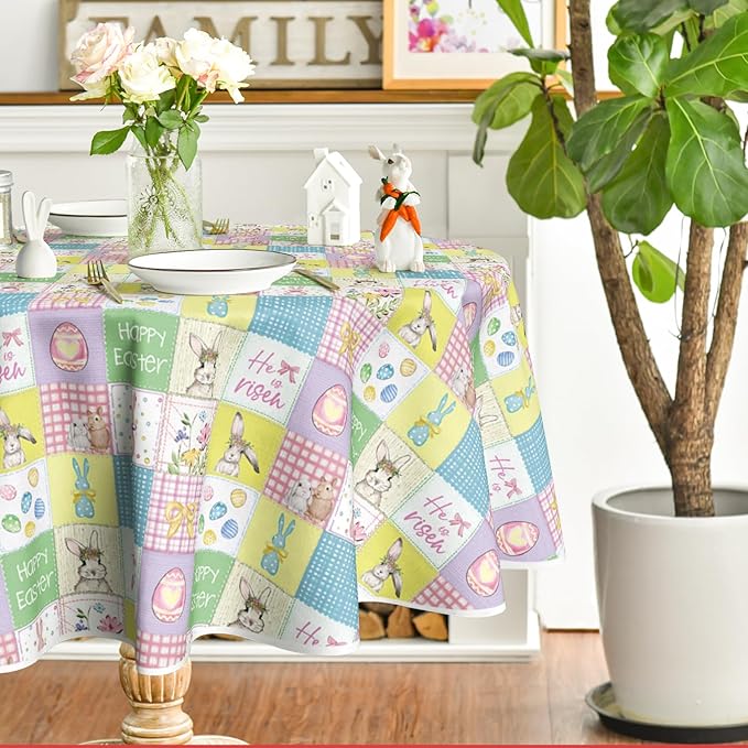 Horaldaily Easter Tablecloth 70×70 Inch Round, Plaid Bunny Rabbits Easter Egg Anemone Bowknot Colorful Washable Seasonal Table Cover for Party Picnic Dinner Decor