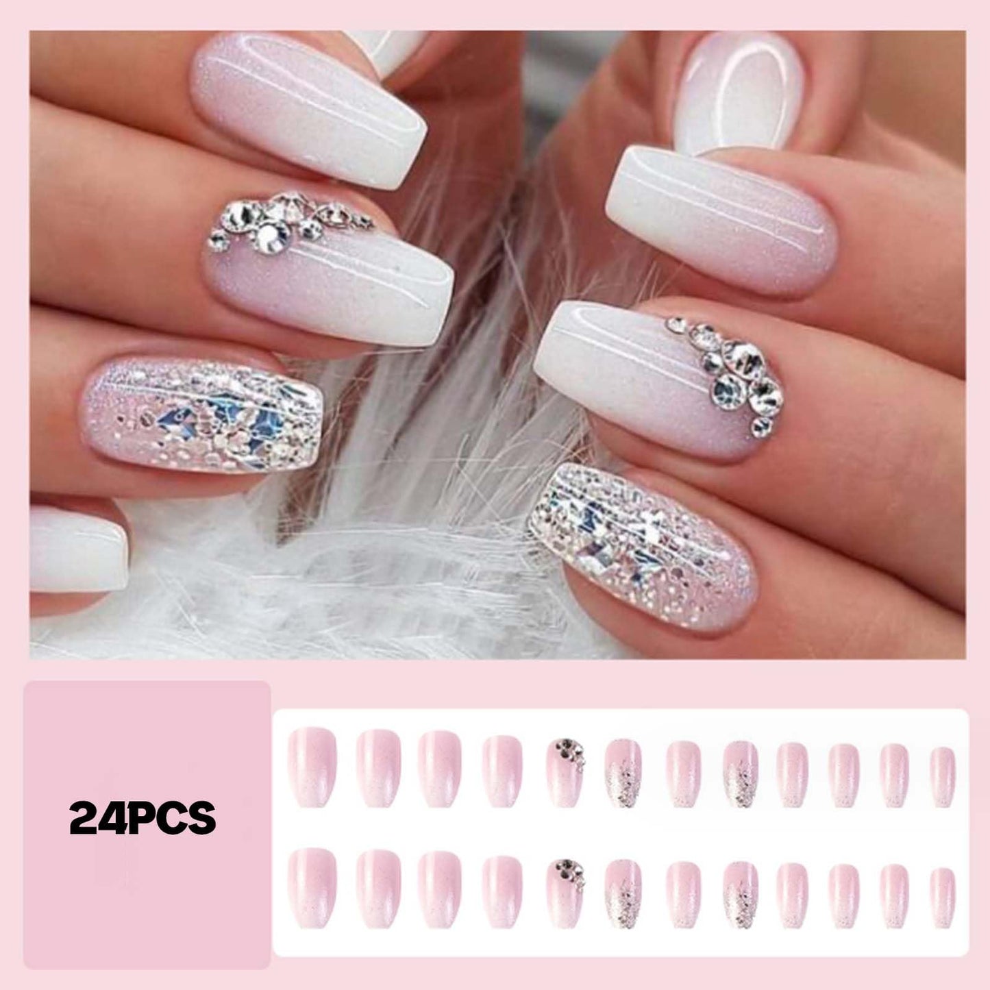Hkanlre Bling Coffin Press on Nails Fake Nails Tips Full Cover Medium False Gradient Nails for Women and Girls 24PCS (Bling Coffin)