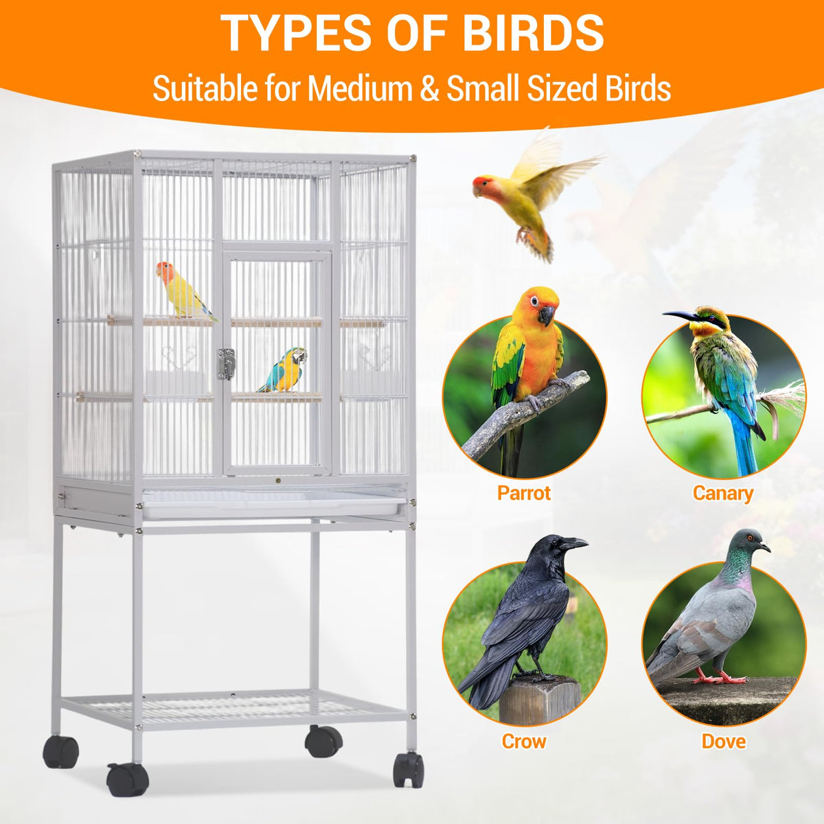 41'' Wrought Iron Birdcage with Detachable Rolling Stand & Feeder, Large Bird Cage with Secure Lock & Slide-Out Tray, Indoor Outdoor Bird Cage on Wheels,Parrot Cages for Parakeets, Pigeons, White