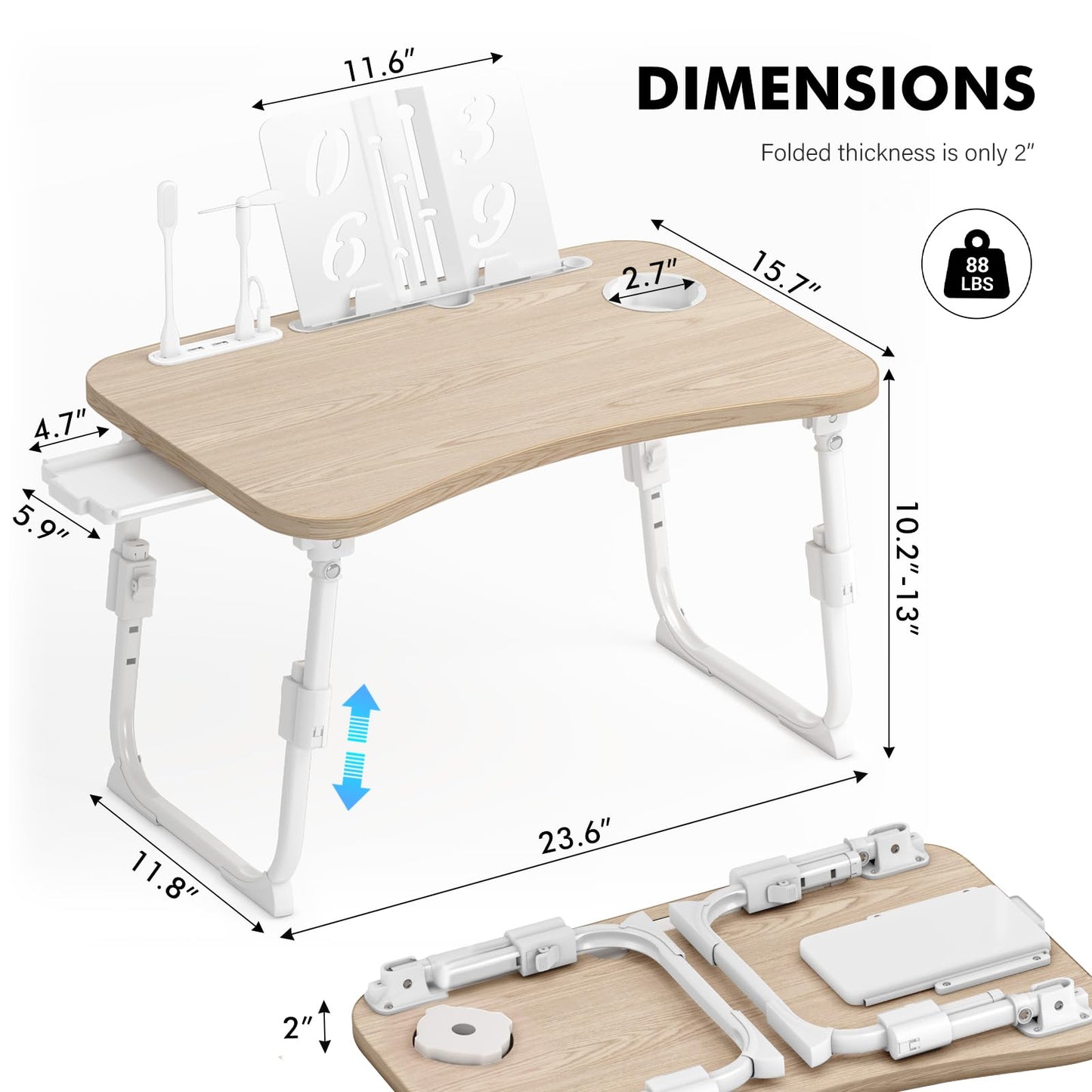 Lap Desk for Bed Adjustable Height, Foldable Bed Table with Storage Drawer, Tablet Slot & Cup Holder, Portable Laptop Stand for Bed & Sofa, Bed Desk for Adults & Kids, Glacier