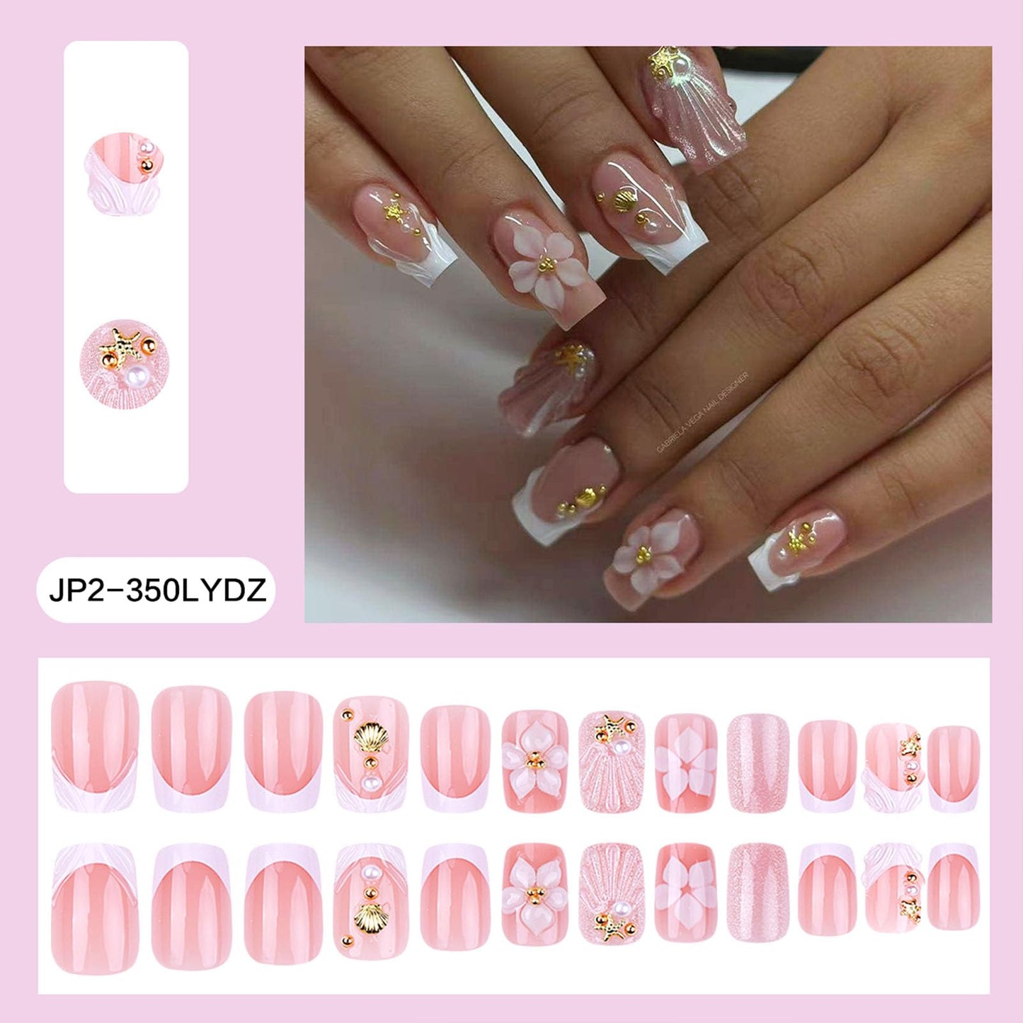 French Tip Press on Nails Medium Square Fake Nails with White Flower Pearl Gold Stars Designs Glossy Nails Press ons Summer Glue on Nails Cute Acrylic Nails Artificial Stick on Nails for Women