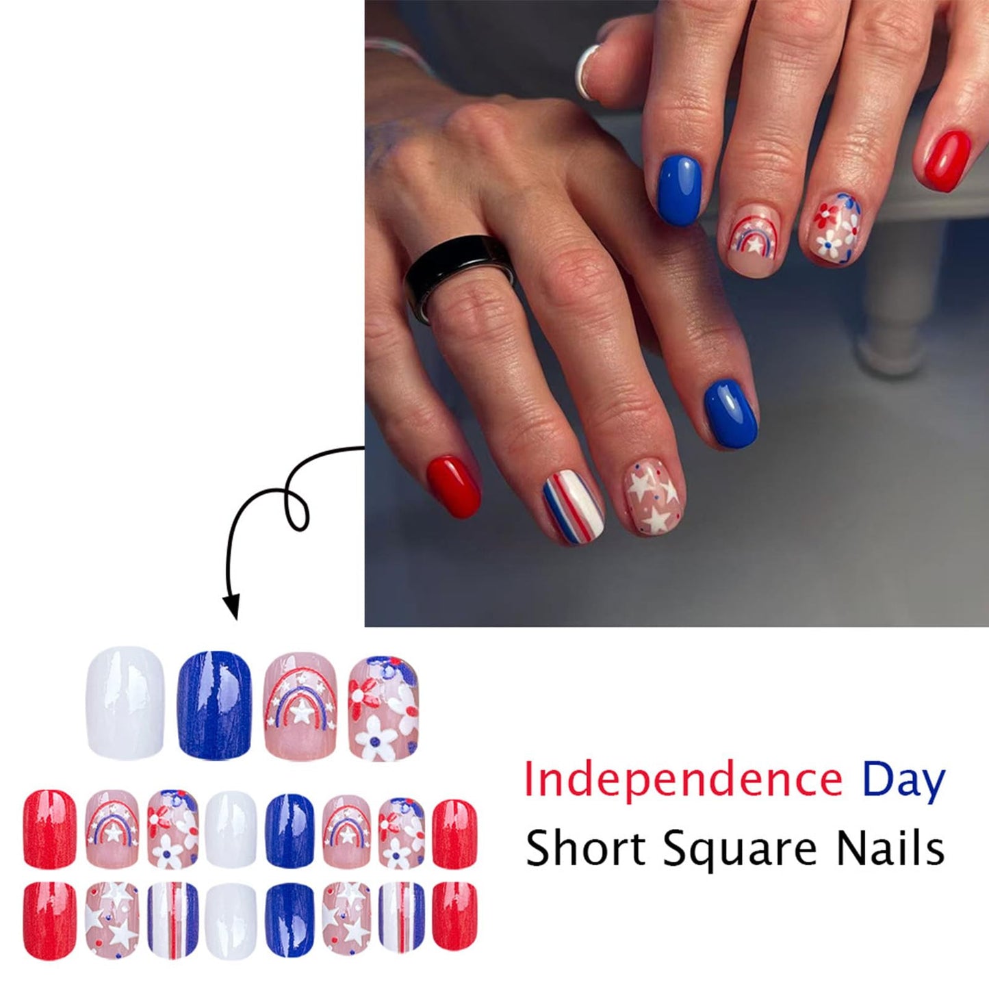 Independence Day Press on Nails Short Square Fake Nails with Star Flower Rainbow Design Red Blue White Glossy Patriotic False Nails Full Cover Stick on Nail for Women Manicure 24Pcs