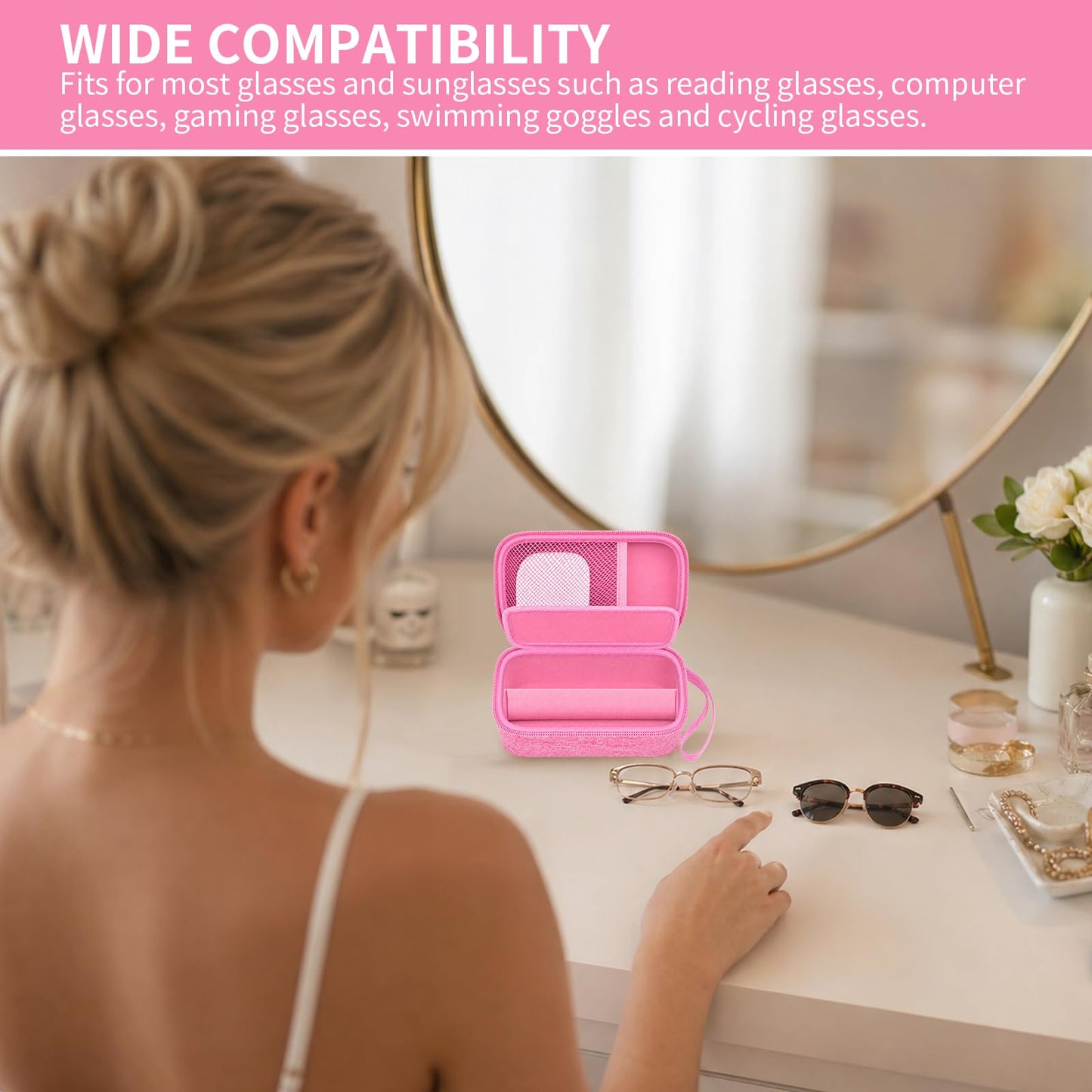 GWCASE Travel Glasses Organizer & Contact Lens Case - Adjustable Slots, Built-in Mirror, Tweezers, Solution Bottle & Hand Strap, Universal Fits Eyelasses/Sunglasses for Men & Women – Pink