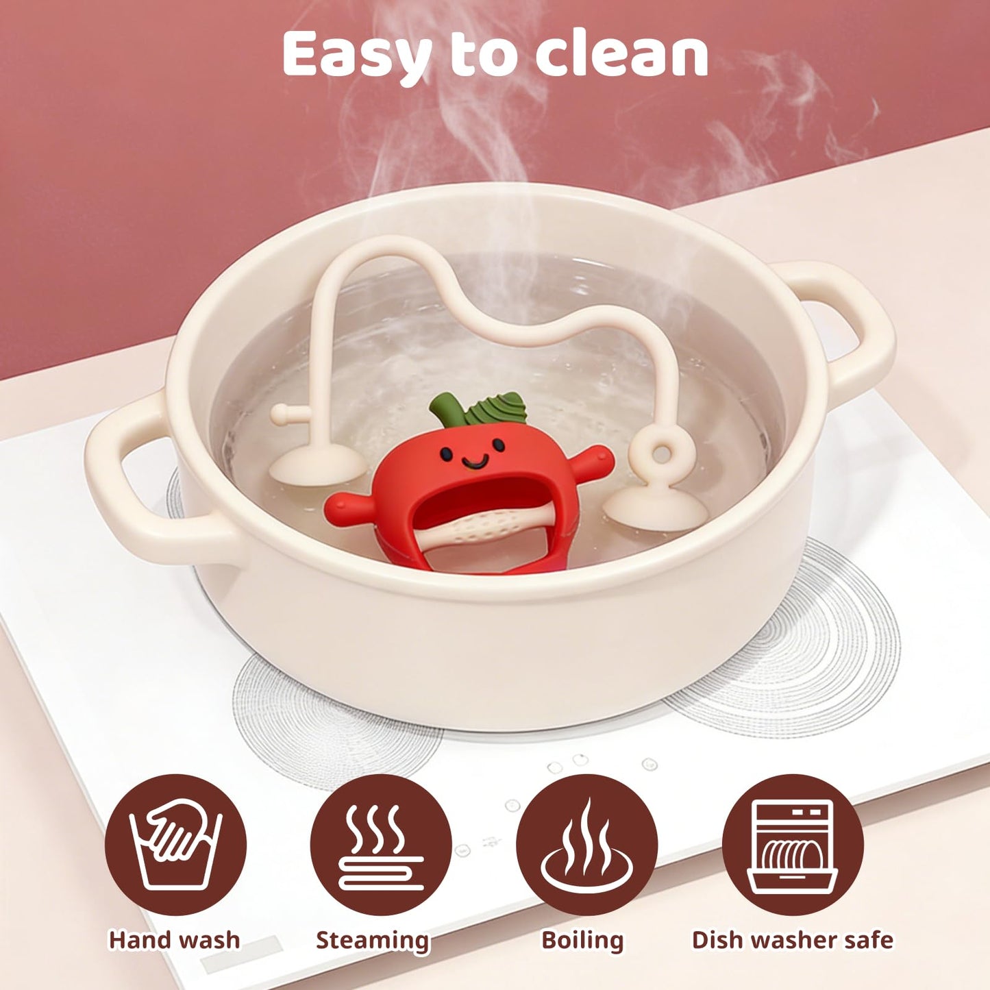 Baby High Chair Suction Toys Teething Chew - Silicone Apple Teething Relief Toys Silicone Teethers Table Toys, Food Grade Silicon for 6 12 18 Months(Red)