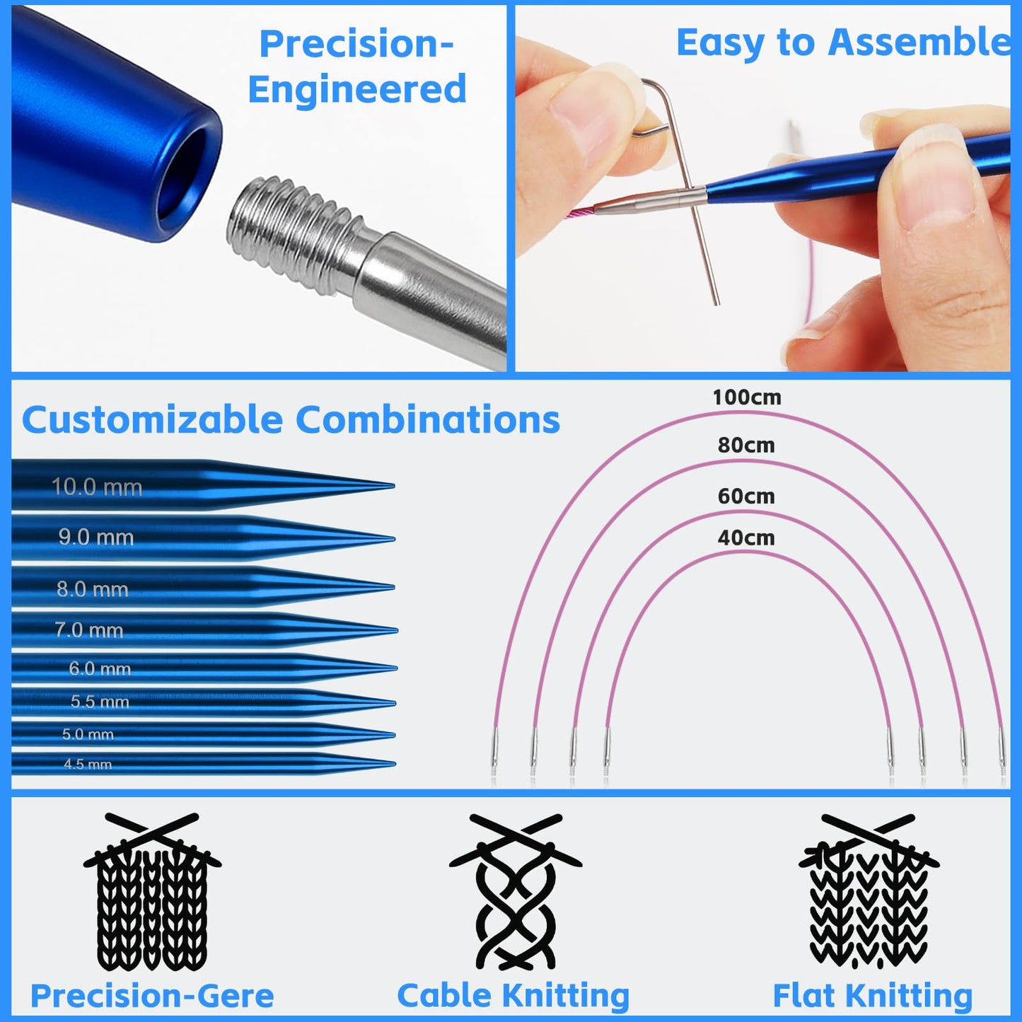 Interchangeable Circular Knitting Needles Set, 13 Pairs (26pcs) Aluminum Knitting Needles Kit, Sizes 3.0mm-10.0mm, Knitting Needle Case & Accessories, for Knitting Projects, Beginners & Advanced