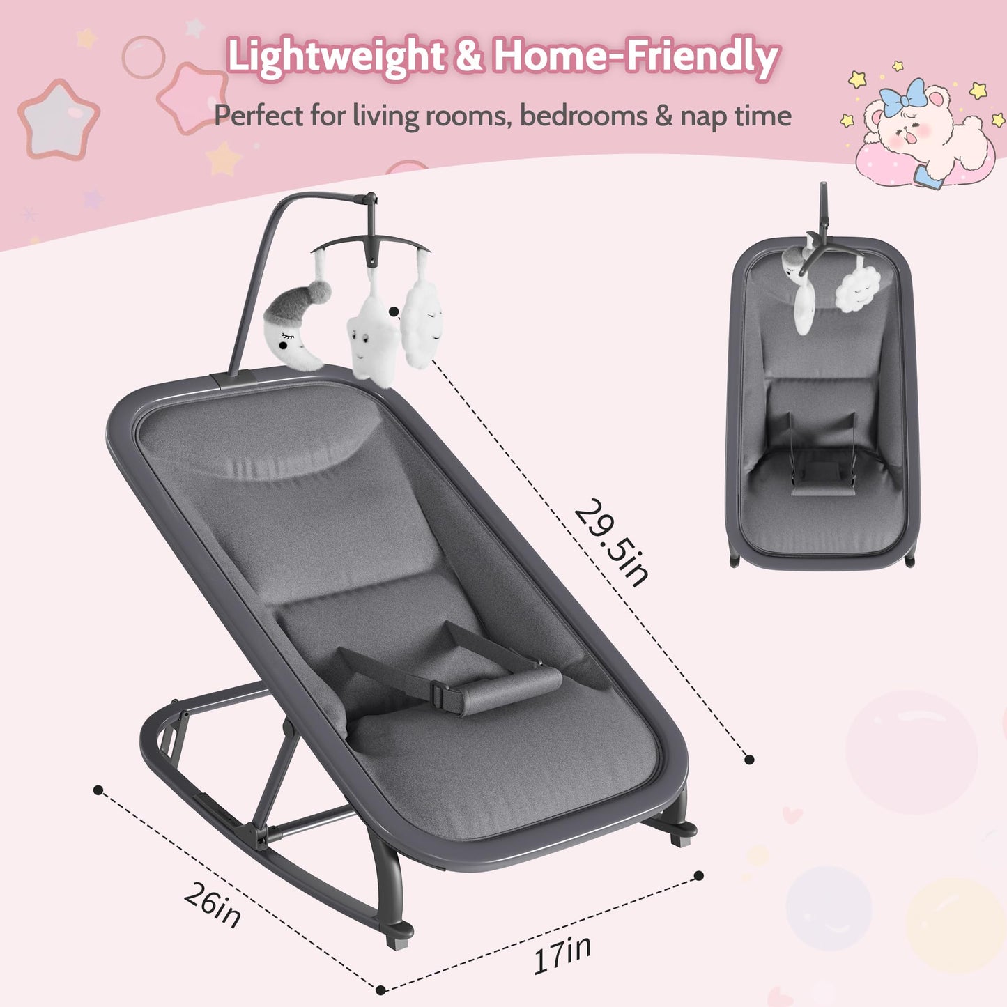 Jojoka Baby Swing for Infants, 3-Position Recline Baby Rocker with Toy Bar, Portable Infant Swing Chair with Lockable Stationary Mode, Lightweight Aluminum Frame, Grey