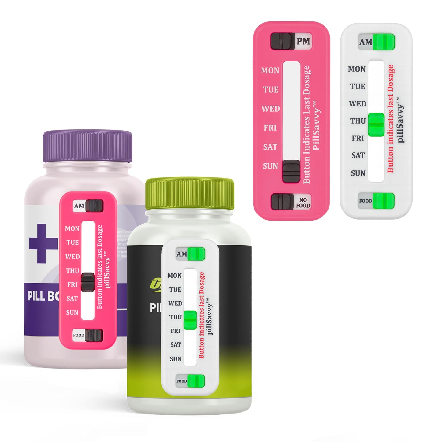 PillSavvy™ Daily Pill Tracker – Non-Digital, Reusable Medication Reminder for Bottles & Organizers – Easy to Use, Curved Back – Track Prescriptions, Vitamins, Supplements & Pet Meds (White, 2 Pack)
