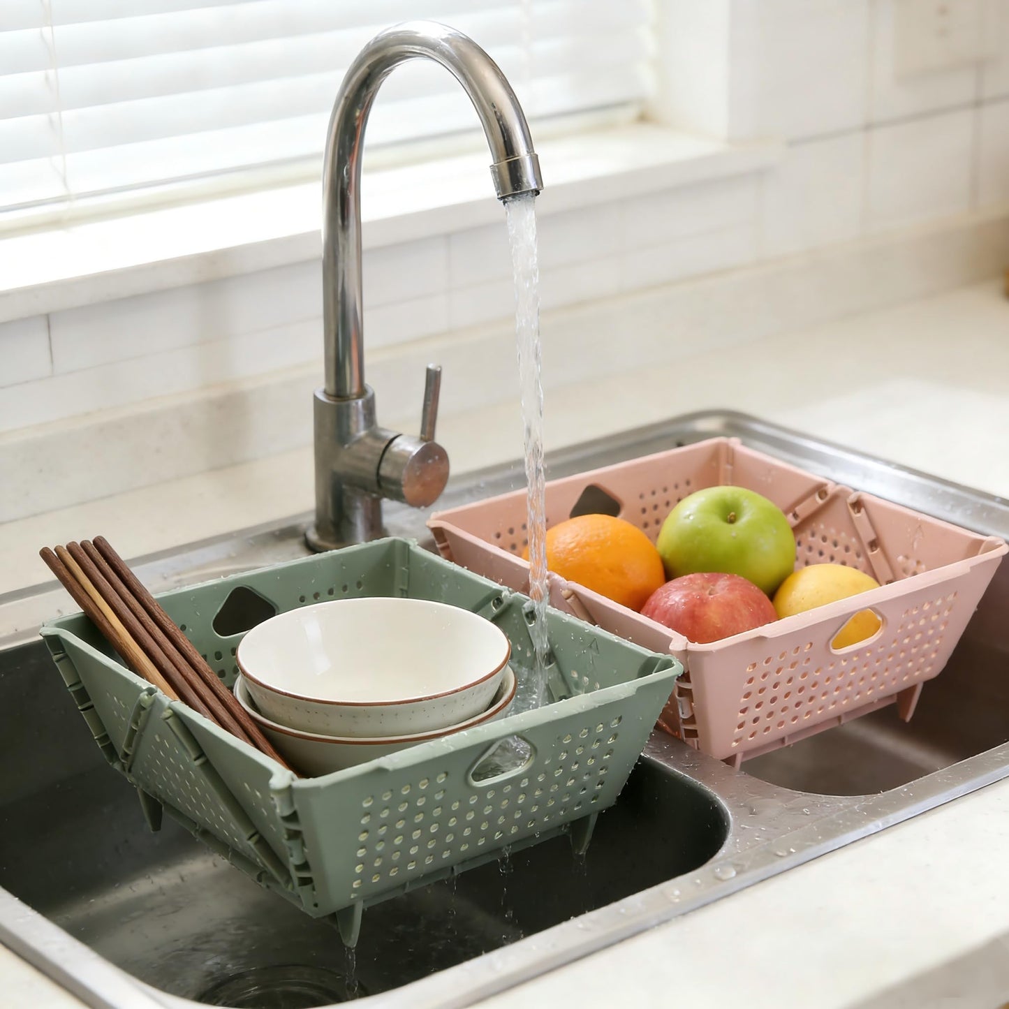 2 Pcs Collapsible Colander Strainer, Multipurpose Drain Basket for Fruit Storage, Mini Foldable Picnic Basket for Kitchen, Travel, RV, Car, Space-Saving Fruit Drain Basket for Food Organizing
