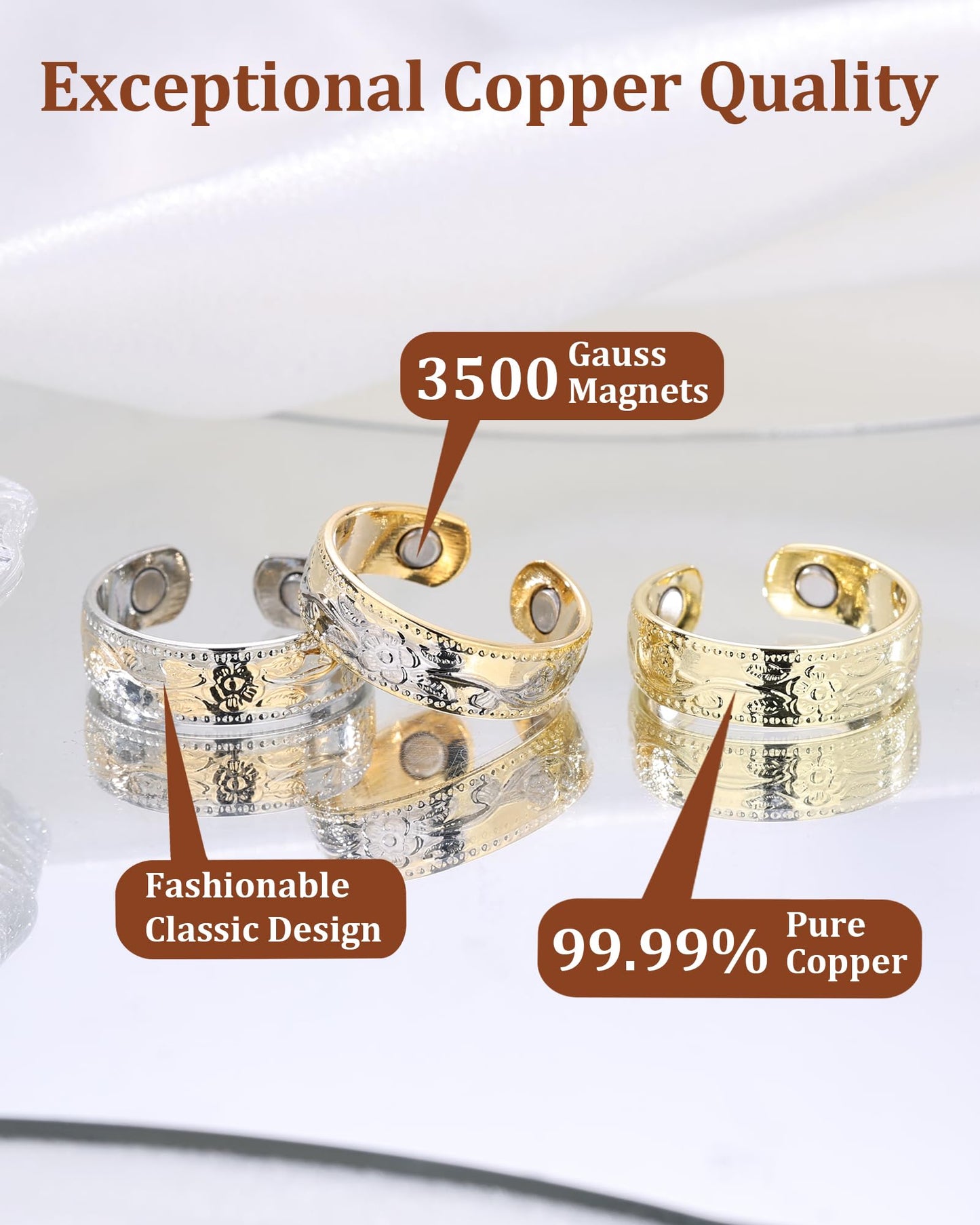 BioMag Magnetic Lymphatic Drainage Ring Set, 3 Pcs 99.99% Pure Copper Magnetic Rings for Women with 3500 Gauss Magnets, Adjustable Size, Floral Branch and Leaf Pattern
