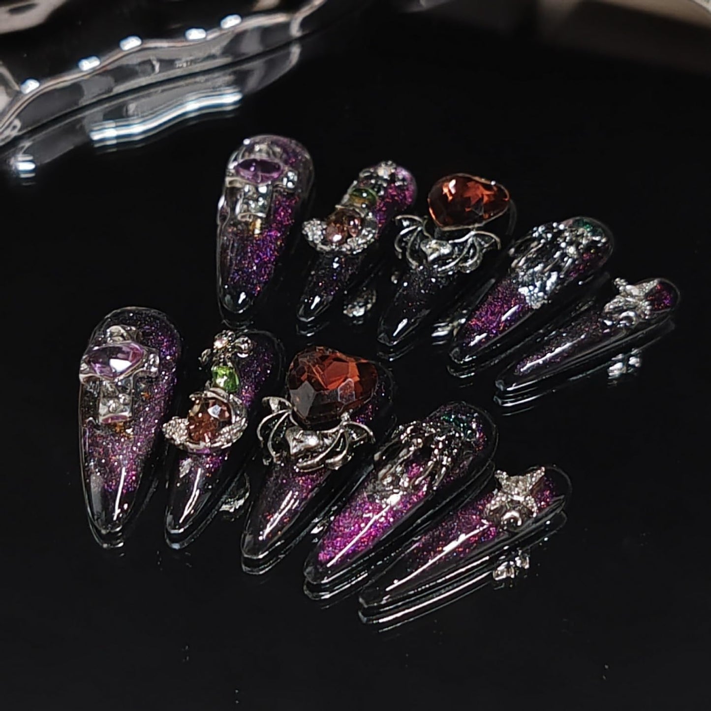 Handmade Press on Nails Medium Almond Fake Nail Halloween 3D Spider and Silver Spider Web Designs Black French Tip Stick on Nails Red Heart Thick False Nails for Women (S)