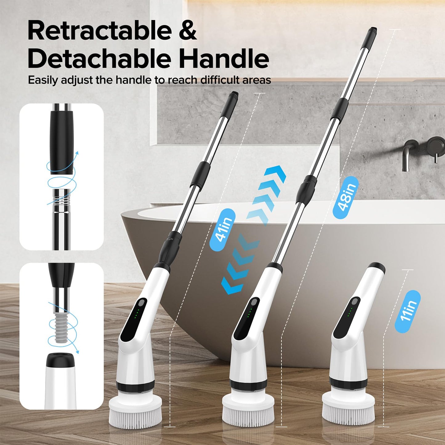 Electric Spin Scrubber, Dreazu IPX7 Shower Scrubber with 7 Replaceable Brush Heads & Retractable Handle, 2-Speed Adjustable Shower Cleaner for Bathroom,Toilet, Bathtub, Kitchen, Tile Floors