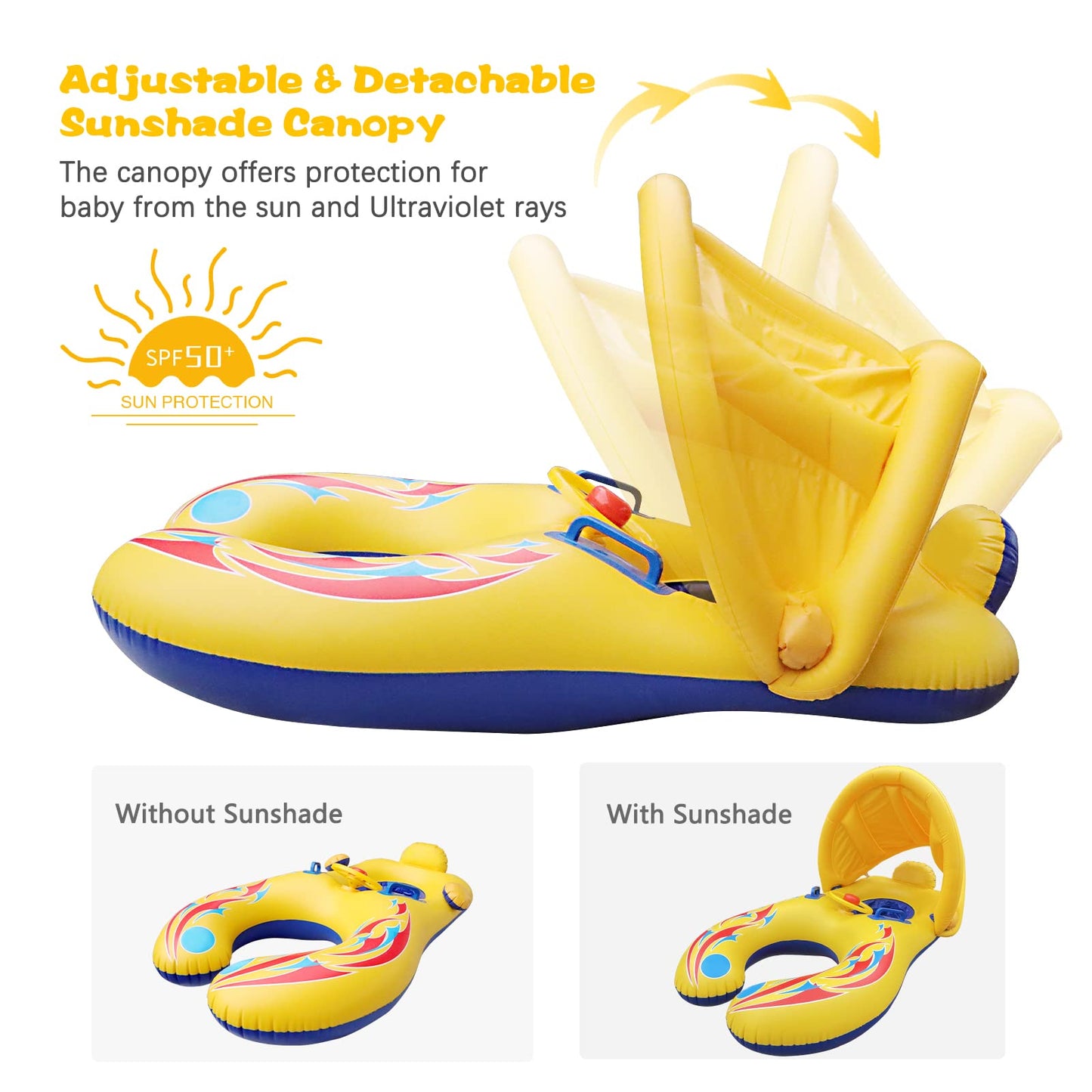 EEOCWF Mommy Baby Pool Float with Canopy Detachable, Interactive Parents Toddlers Swimming Ring, Inflatable Infant Pool Floaty Toddler Floats with Handle for Summer