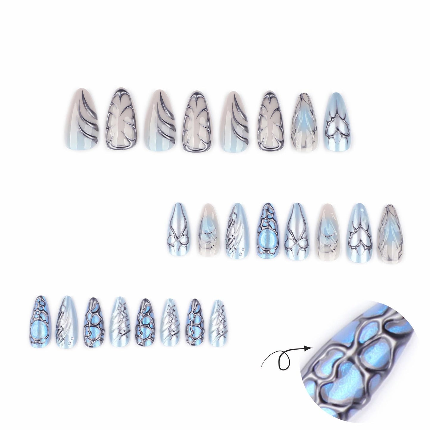 CTTHNBD Press on Nails Almond - Blue Fake Nails with Bow Heart Desgin - Y2k, Medium False Nails Press ons - for Women 24 Pcs