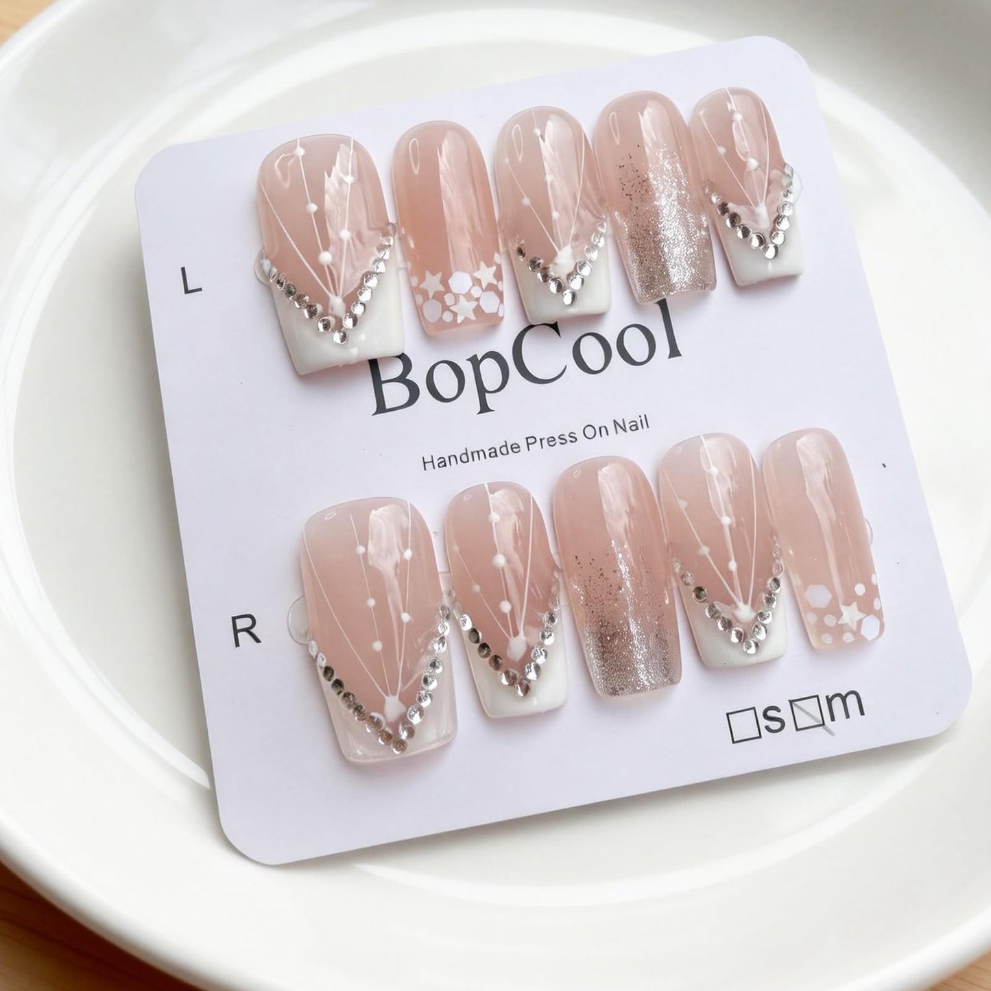 Luxury Handmade Press-on Nail Art – 3D Rhinestone Silver Glitter False Nails，Nude Gradient French Acrylic Nails， Reusable Self-Adhesive White Fake Nails.(M-10PCS)