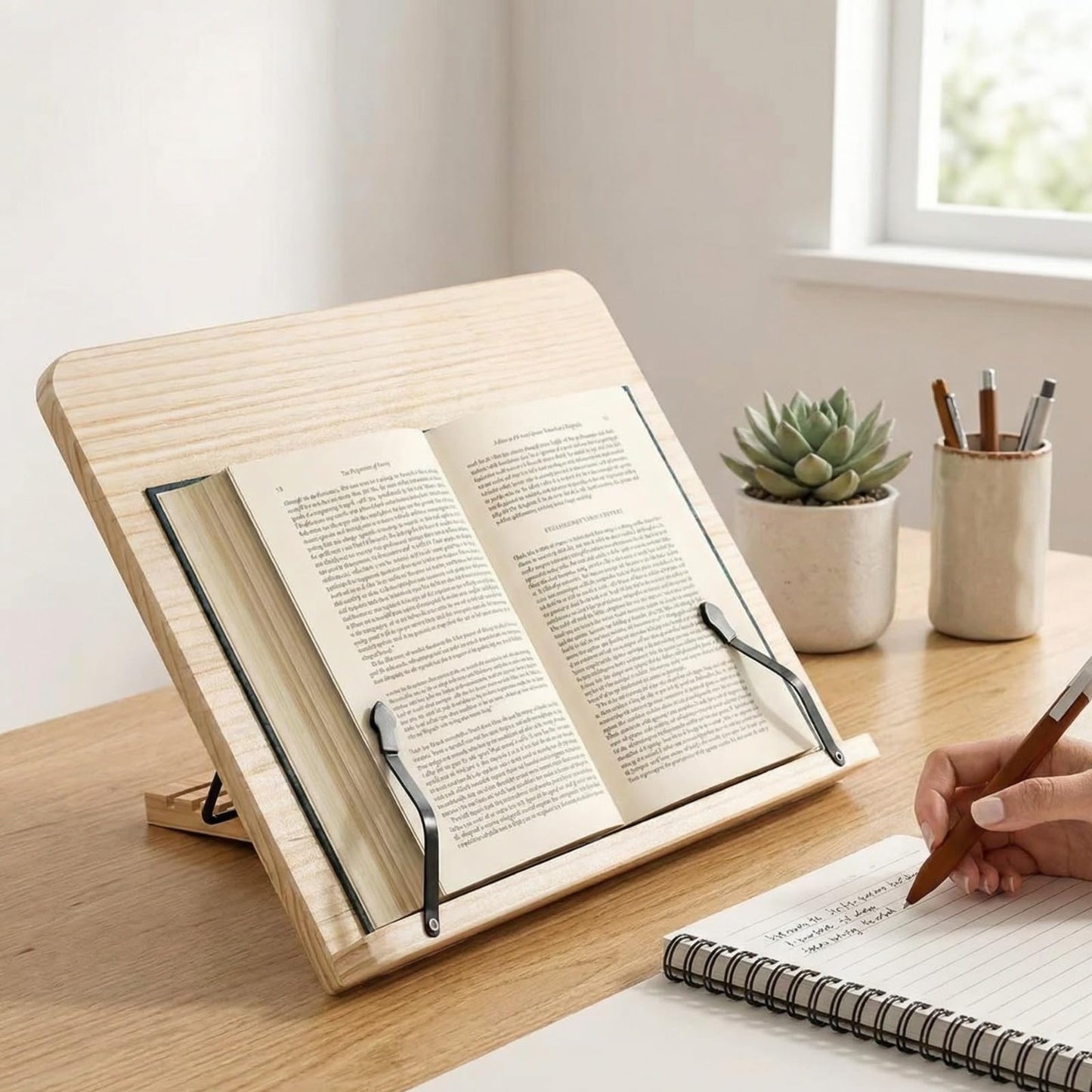 Reading Rack Wooden Bookshelf - Book Stand Foldable with 8 Adjustable Positions and Page Clips,Suitable for cookbooks、iPads、laptops、Sheet Music、and Reading Stands (15x11.4inch)