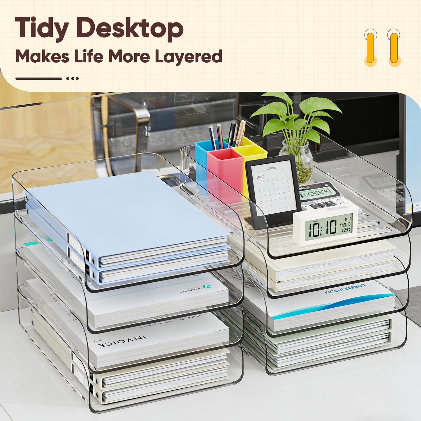 HIYOHIYO Office Acrylic Clear A4 Paper Organizer for Desk, Stackable Office Desk Paper Organizer, Large Capacity Desktop Papers Tray Holder, Organizer for A4 File Folder, 4 Tier Vertical Style