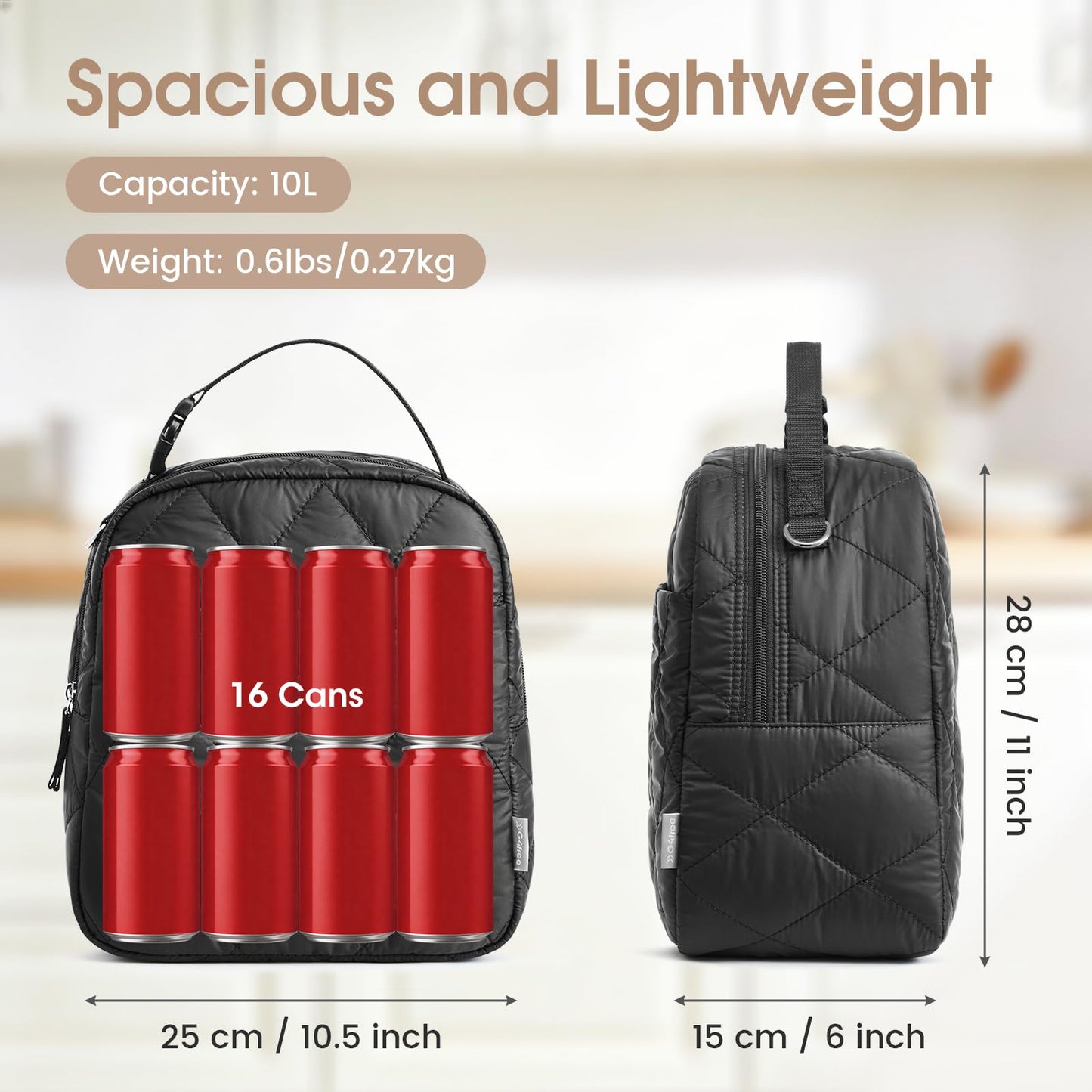 G4Free Large Insulated Lunch Bag, Leakproof Quilted Lunch Box Women Men, Reusable Puffer Lunch Bag For Work Picnic Travel, Black