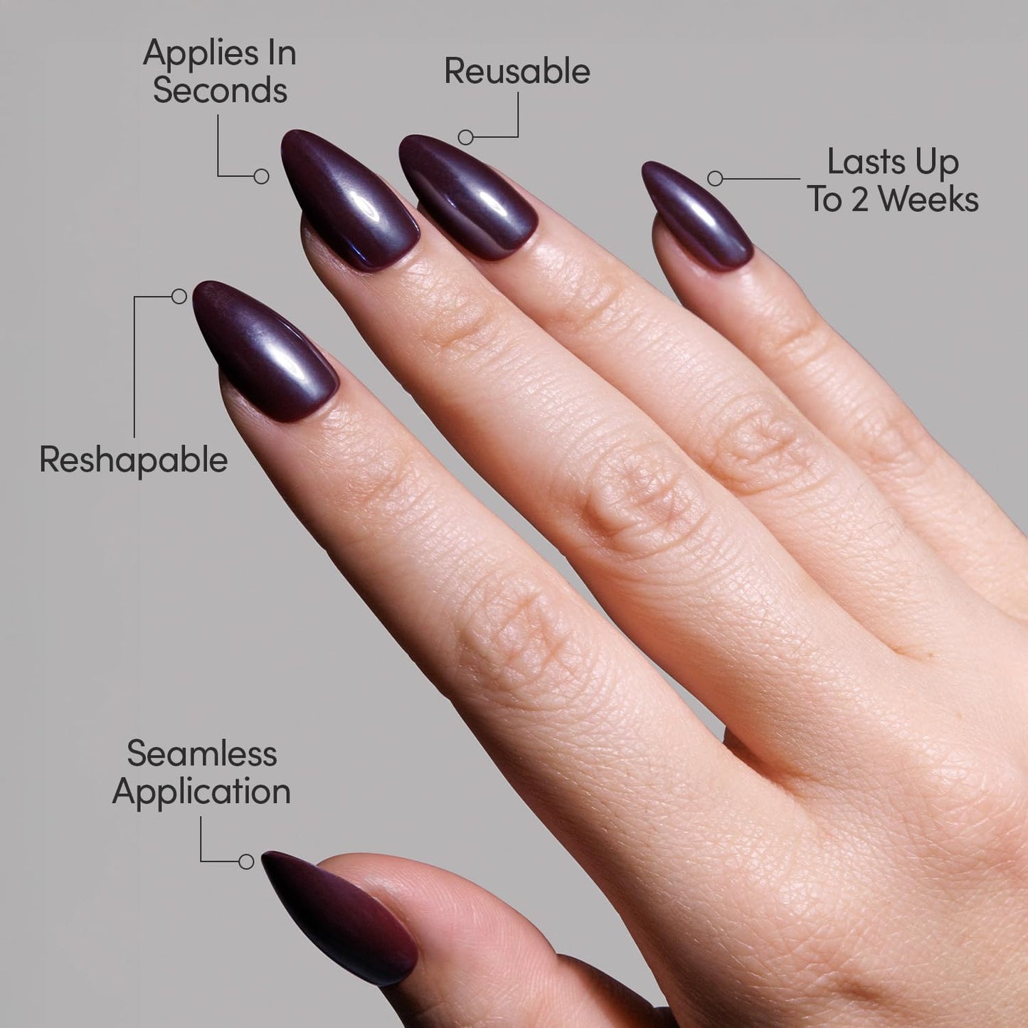 Glamnetic Press-On Nails Bundle - Jet Black & Burgundy Chrome | Short Squoval Black Fake Nails with a Glossy Finish | Short Almond Fake Nails with a Metallic Chrome Finish | Durable, Salon-Quality Nai