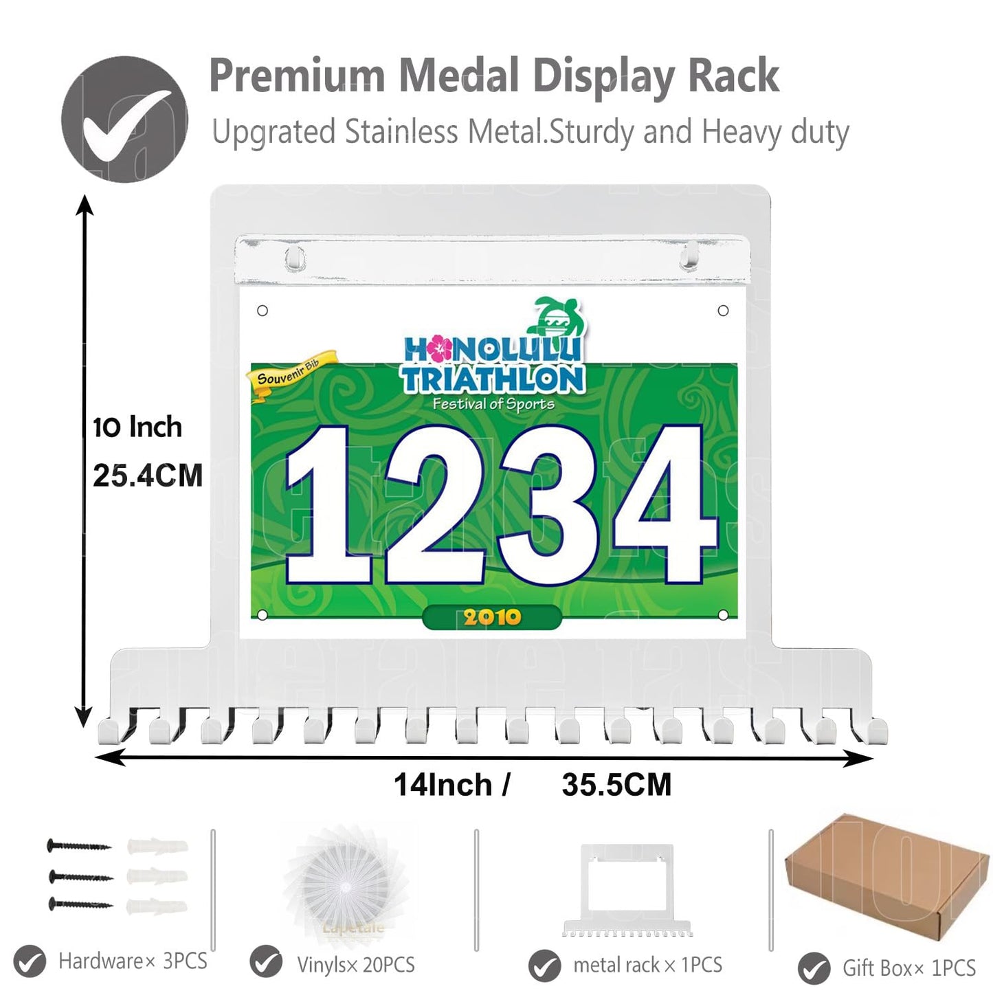 Lapetale Fashion White Race bib and Medal Display,Marathon Medal Display and Runner Medal Hanger Display,Bib Running Medal Display, Running Medal Hanger Display,Medal Holder for Wall