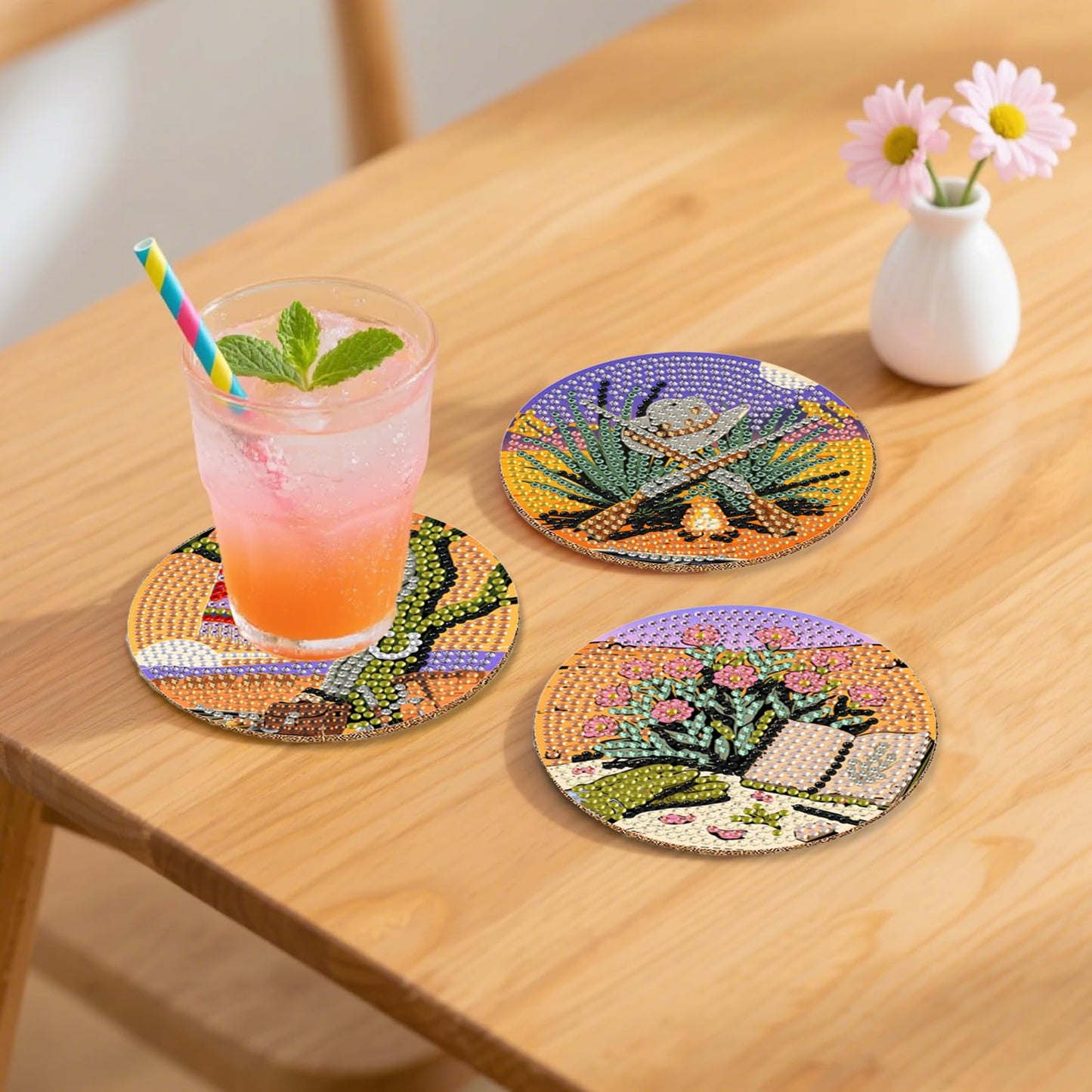 DOTZSO 8 Pcs Desert Diamond Art Coaster Kits with Holder,Diamond Painting Coasters for Adults Beginners,Home Decor Abstract,Fun Gifts for Women