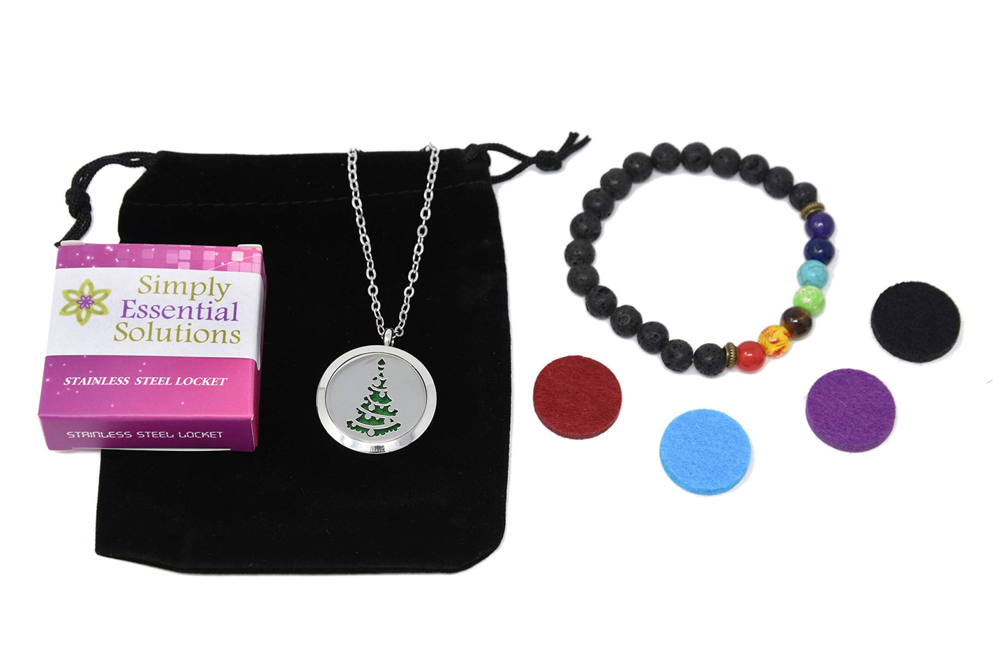 Aromatherapy Essential Oil Diffuser Stainless Steel 30MM Silver Magnetic Locket Pendant 2 Sizes Chain Necklace, Refill Pads & Diffuser Bracelet in a Velvet Bag (Christmastreewithornaments)