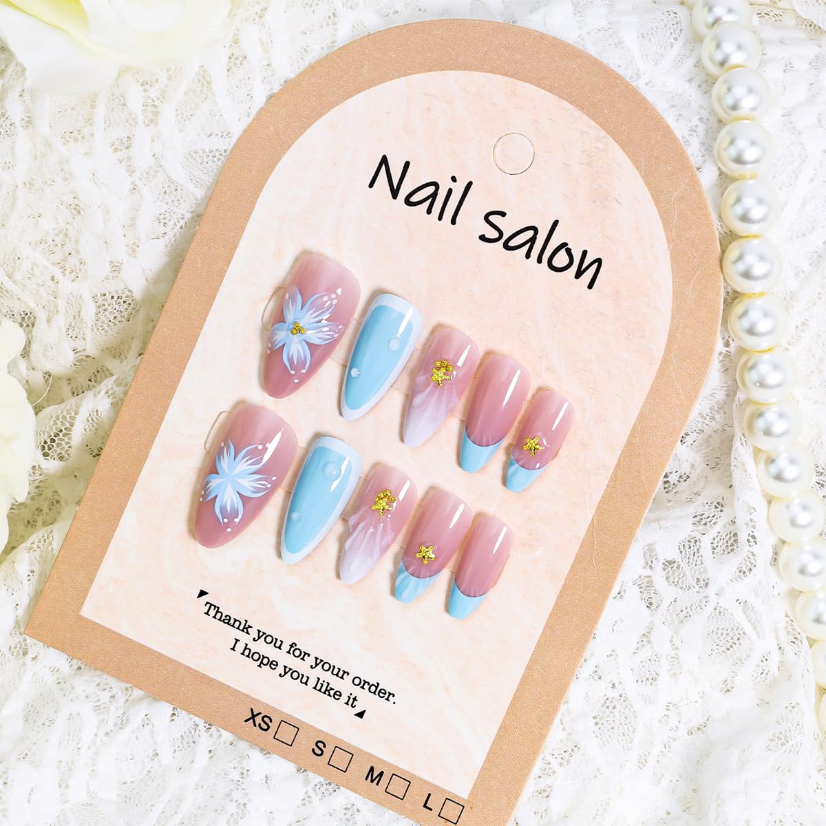 24Pcs Blue Flower Press on Nails Medium Almond French Tip Fake Nails with Gold Starfish Rhinestones Design 3D Ripple False Nails Full Cover Artificial Glue on Nails Summer Stick on Nails for Women DIY