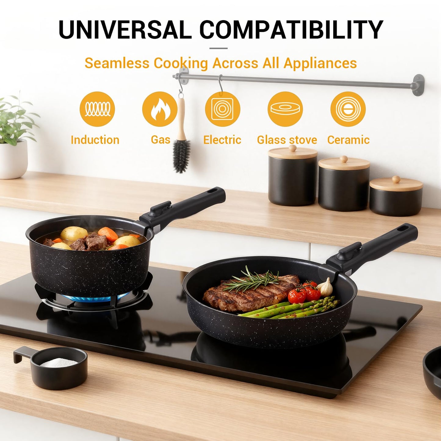 Ammeloo 21 Pcs Pots and Pans Set Non Stick with Detachable Handle & Grill Pan, Induction Ceramic Cookware Set, Non Toxic Kitchen Pots and Pans Set for RVs,Camping, Oven/Dishwasher Safe, Black