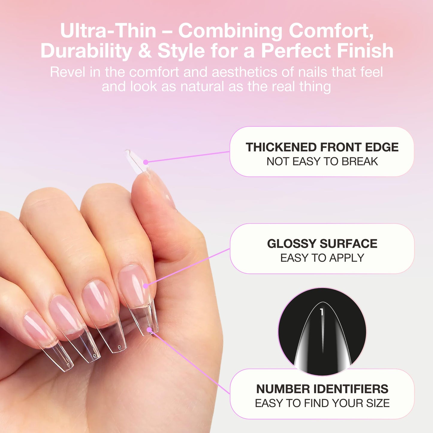Curacoro Sculpted Short Coffin Gel Nail Tips 420Pcs, Clear Full Cover Soft Acrylic Tips 14 Sizes, Easy to Use, Long-Lasting, Glossy Finish