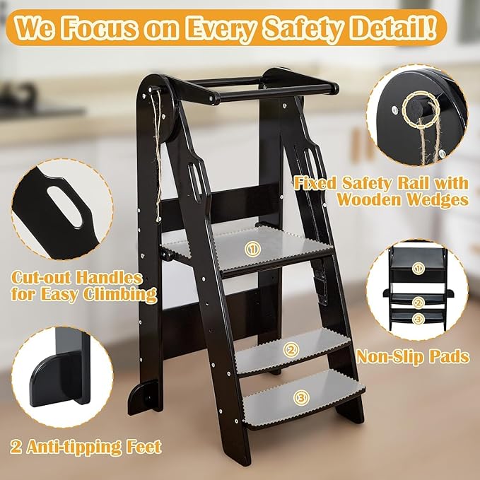 FUNLIO Foldable Kitchen Step Stool for Kids 2-6 Years, Montessori Step Stool, 3-Level Height Adjustable Standing Tower, Easy to Assemble, CPC & CE,Black
