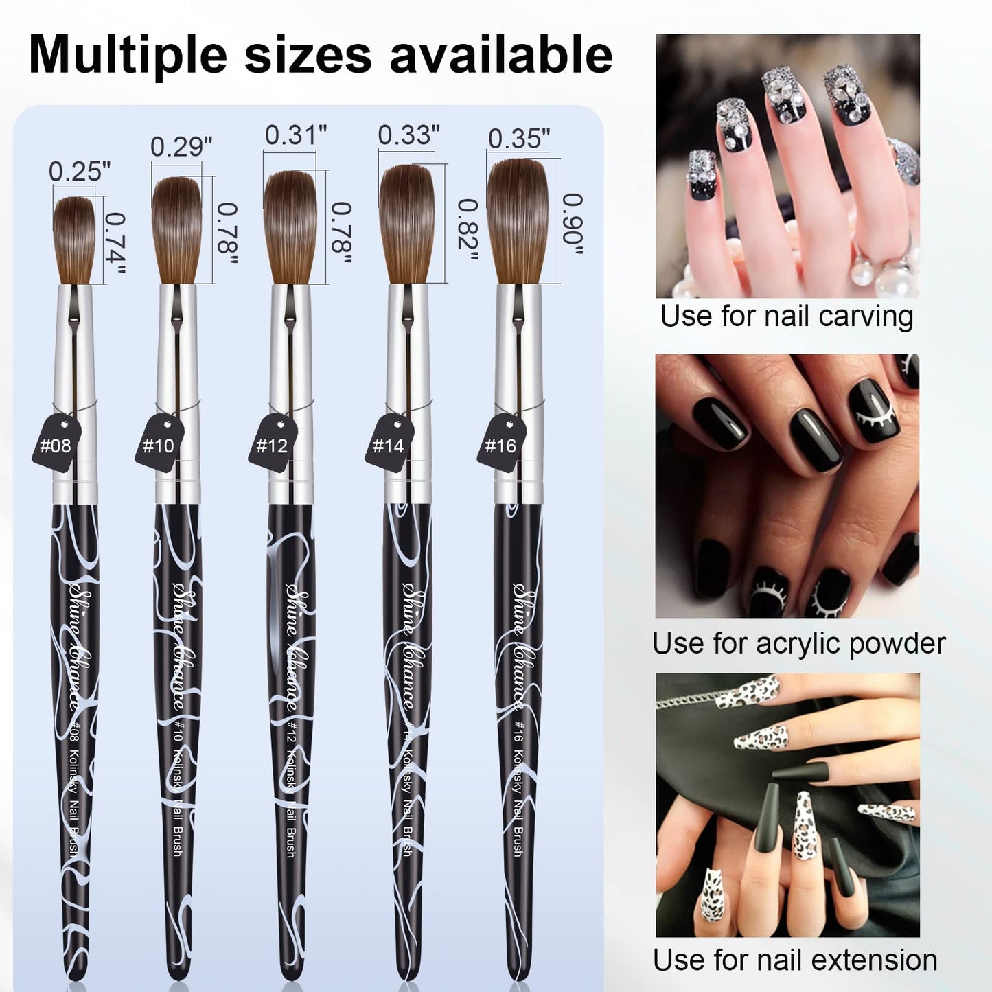 Shine Chance Acrylic Nail Art Brush Size 10, 100% Pure Kolinsky Hair Oval for Application, Professional Extension Manicure Tool Striping Drawing Pen DIY Home Salon, Black, 1.0 Count