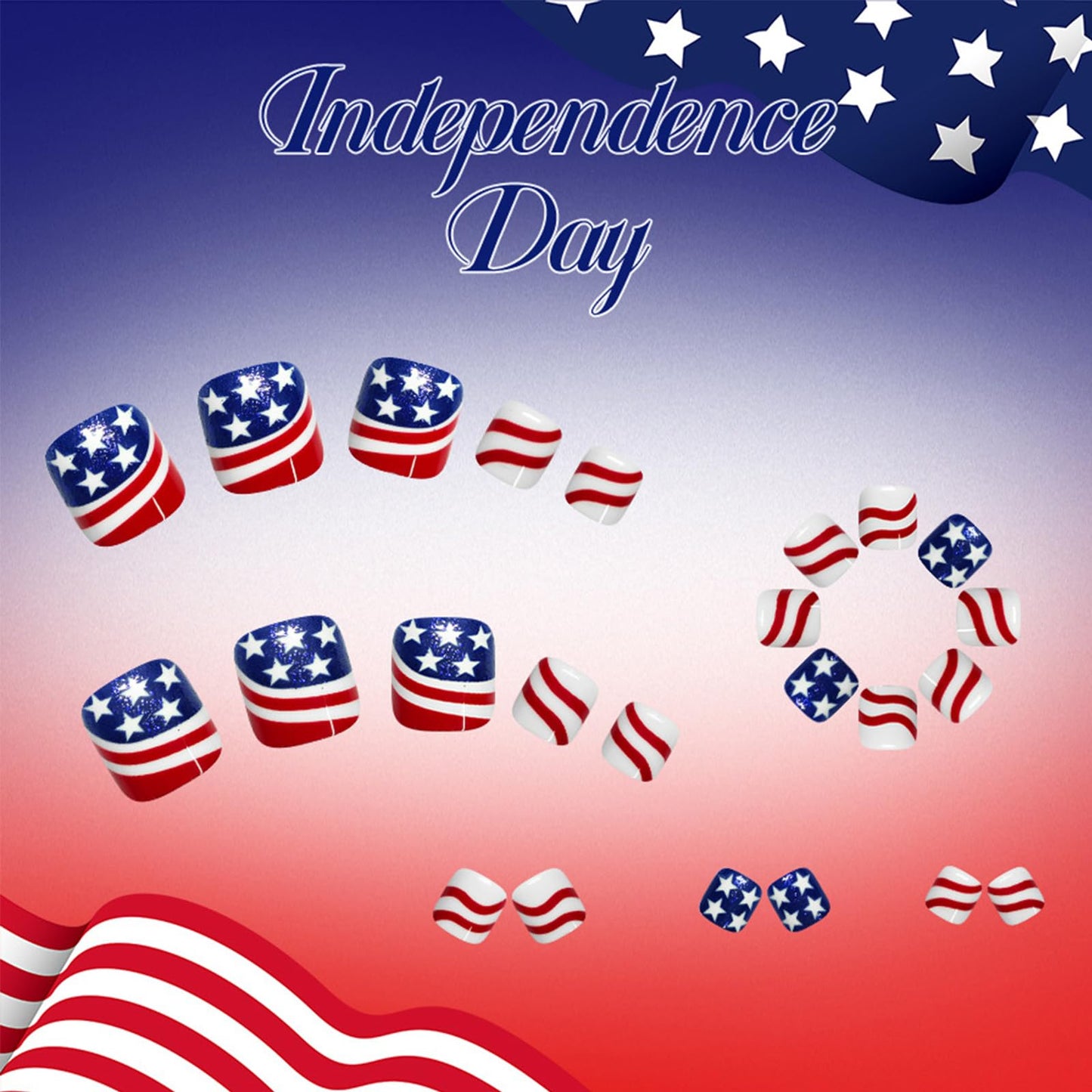 4th of July Press on Toenails Short Square Fake Toe Nails Red White Blue Glossy False Toenails Acrylic Toe Nail Press ons Independence Day Stars Stripes Stick on Nails for Women 24Pcs