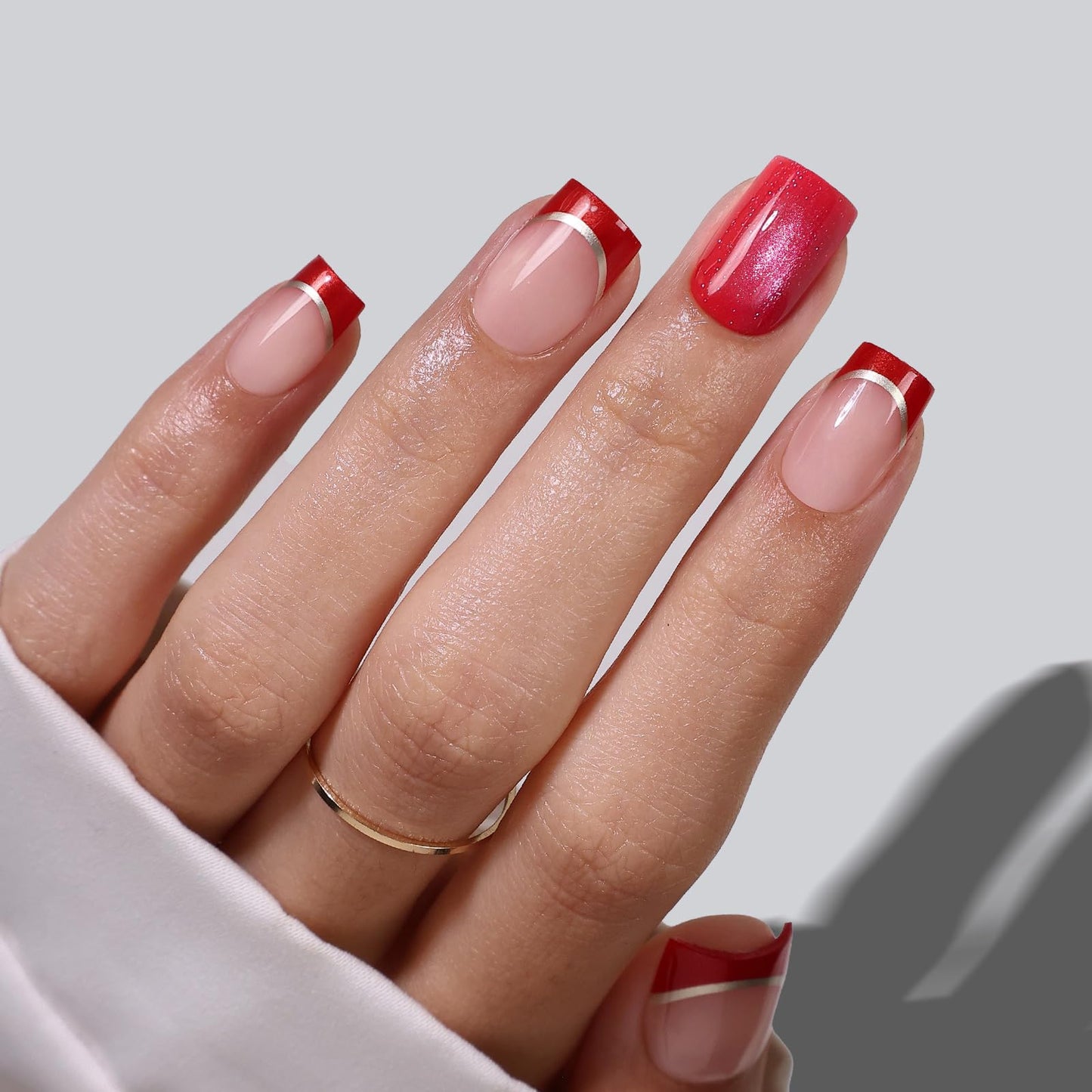 Red Glitter Press on Nails and French Tip Nails with Silver Line - SHANGMENG Soft Gel Short Square Nails for Women Gift, Glossy Glue on Nails in 16 Sizes - 32 Reusable Fake Nails Kit, Muse & Flame