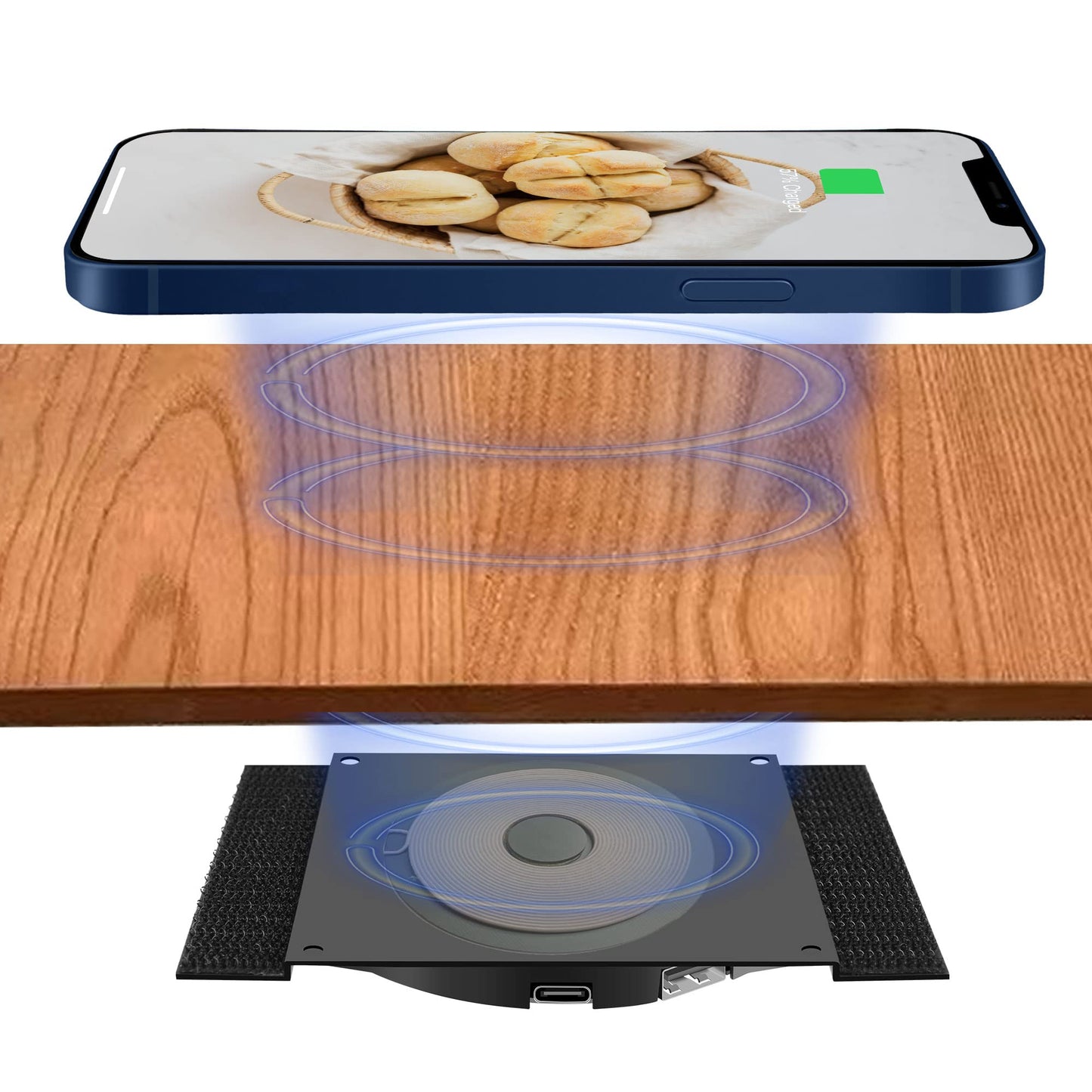 Invisible Wireless Charger, Under Desk Furniture Wireless Charging Pad 10W, Hidden Long Distance Wireless Phone Charger, for iPhone 13/12/Pro Max &AirPods(with Adapter)