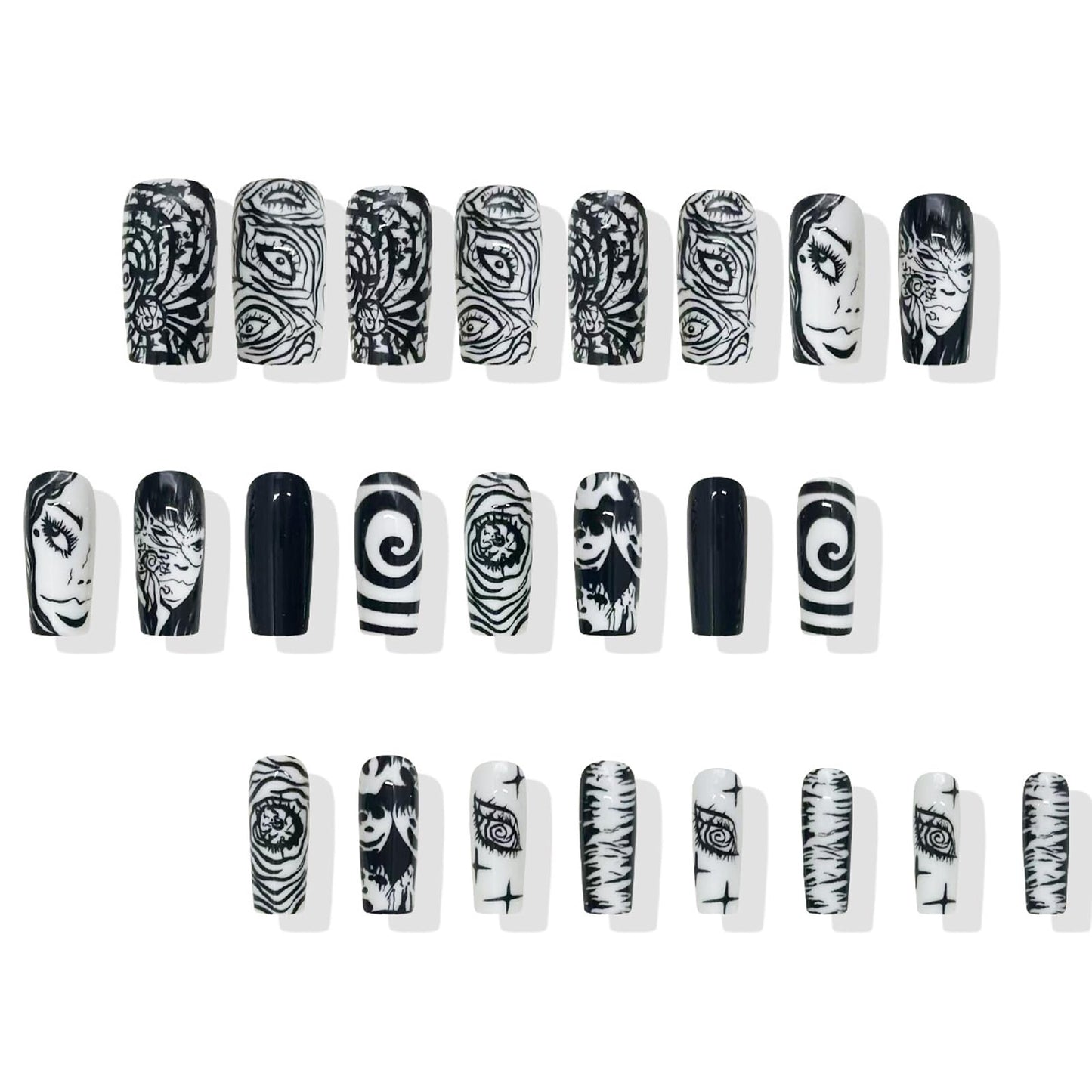 IMRAIN Long Press on Nails Square Fake Nails Black White Pattern Acrylic False Nails with Designs Full Cover Glossy Glue on Nails for Women