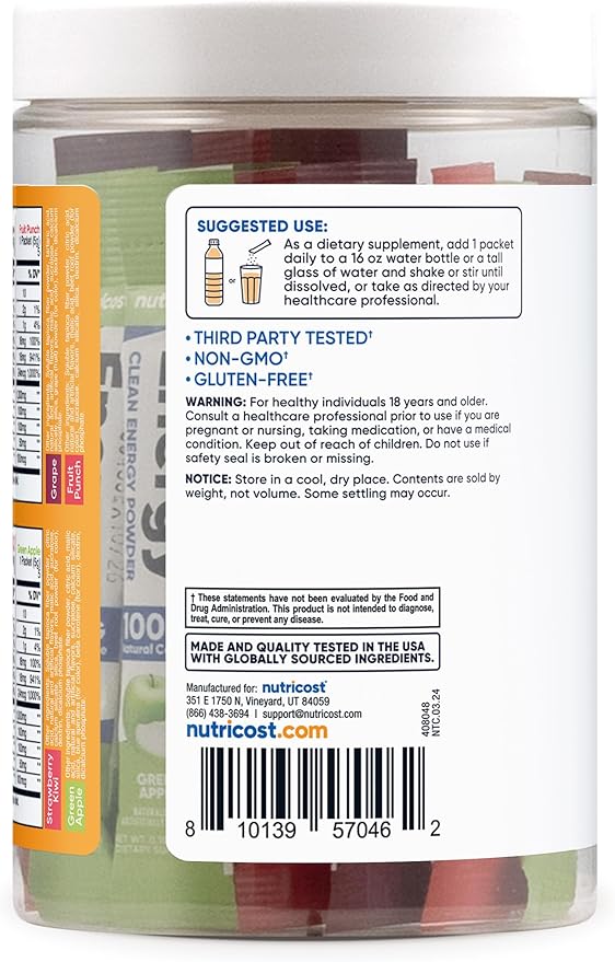 Nutricost Energy Complex Stickpacks (20 Servings) Flavor Variety Pack - Gluten-Free + Non-GMO