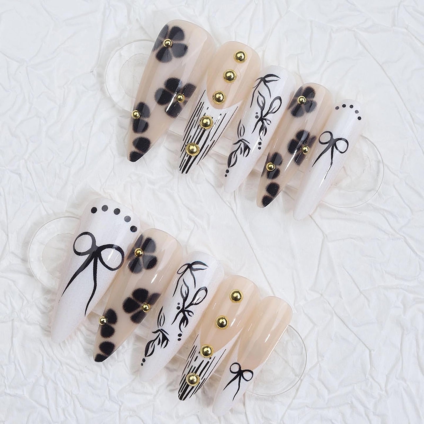 MISUD Press on Nails - Long Stiletto Fake Nails with Black White, Acrylic Handmade Gold Bead Design 24 pcs