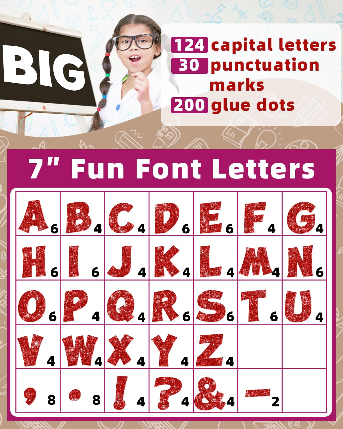 154 Pcs Large 7" Glitter Bulletin Board Letters, Poster Board Letters Alphabet Punctuation Cut Out Cardboard Letters Accessories for Classroom Display Decorating Supplies 7inch