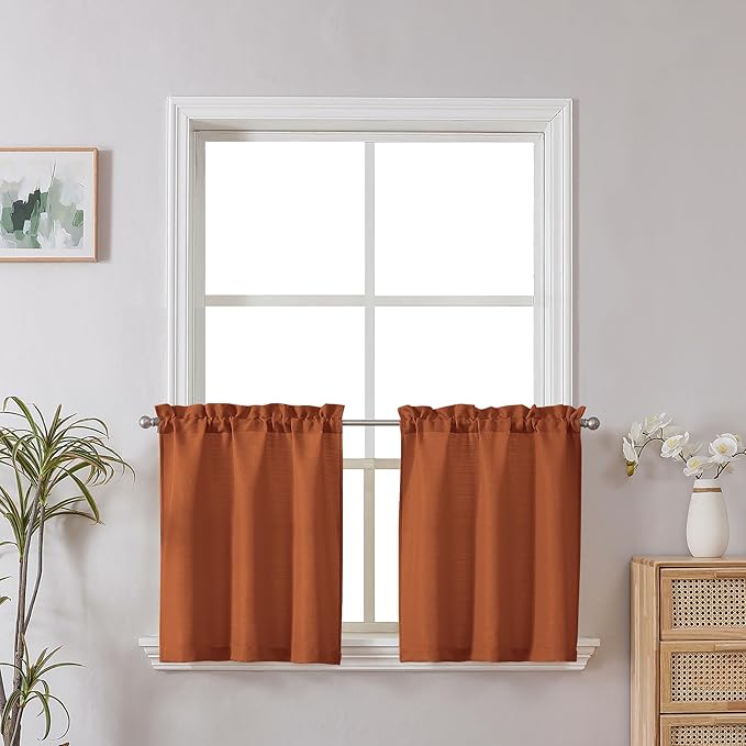 Chyhomenyc 2 Panels Orange Tier Curtains 24 Inch Length, Faux Linen Textured Small Cafe Curtain, Light Filtering Short Camper Curtains for RV Window Bathroom, 30x24 Inch, 2PCS