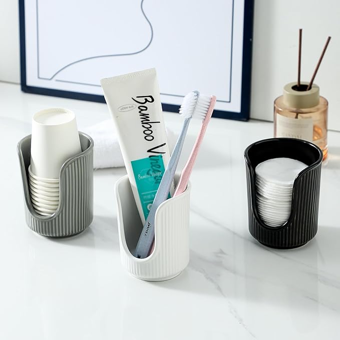 Ceramic Bathroom Cup Dispenser with Stylish Vertical Stripes - Disposable Mouthwash Cup Holder Holds 3-4oz Paper Cups for Rinsing Cups on Bathroom Vanity Countertops (Black)