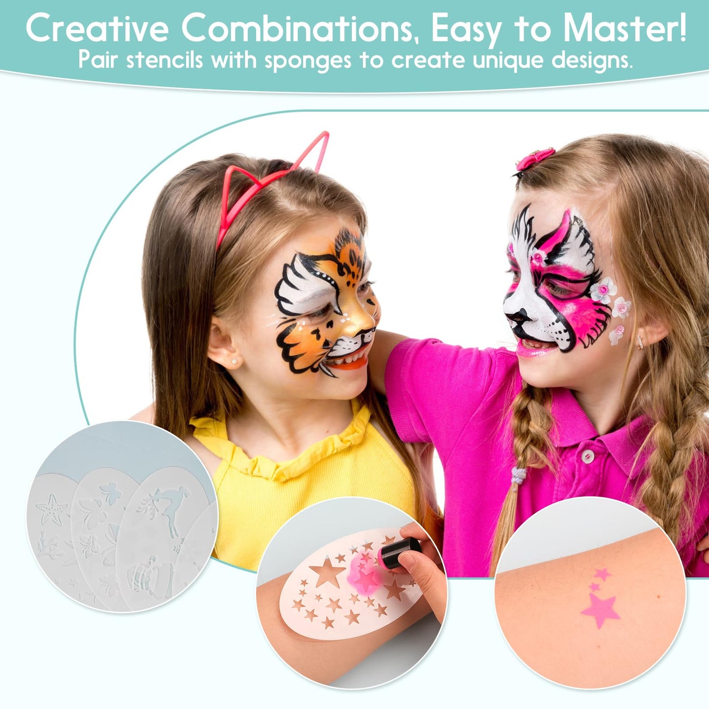 67-Piece Deluxe Face Painting brushes and Stencils Kit - Safe Non-Toxic Tools with Brushes, Sponges, Reusable Stencils, Stickers, Book & More, Perfect for Carnival, Halloween & Parties